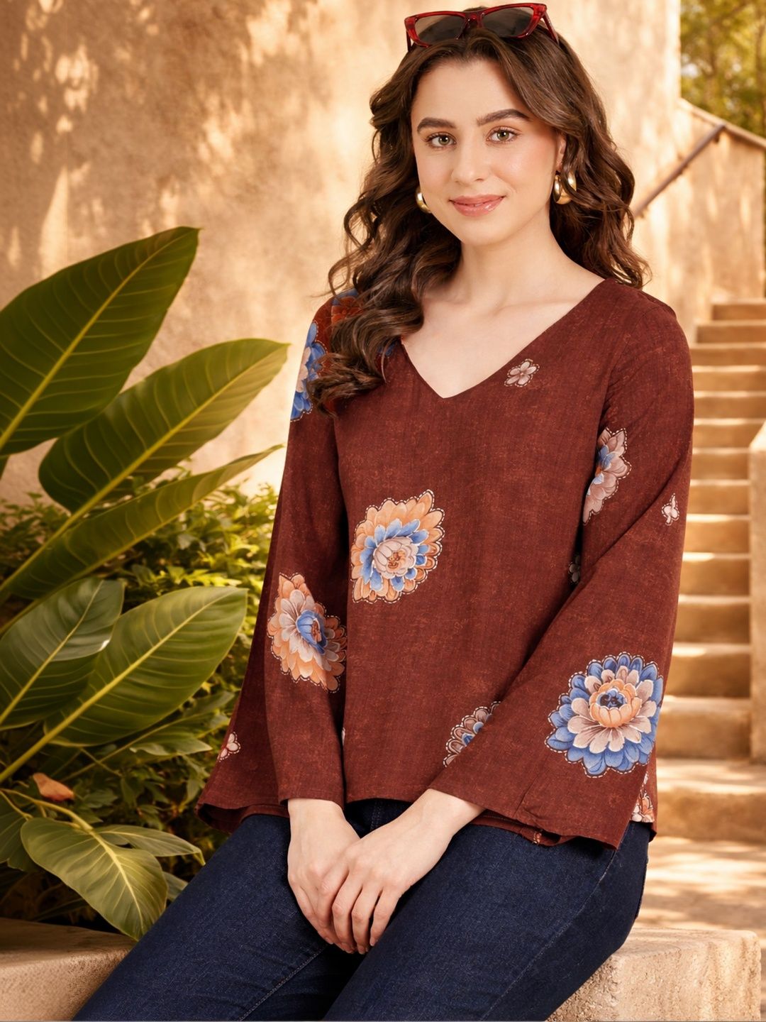 Anouk Floral Printed V-Neck Flared Sleeves Kurti-picture-57