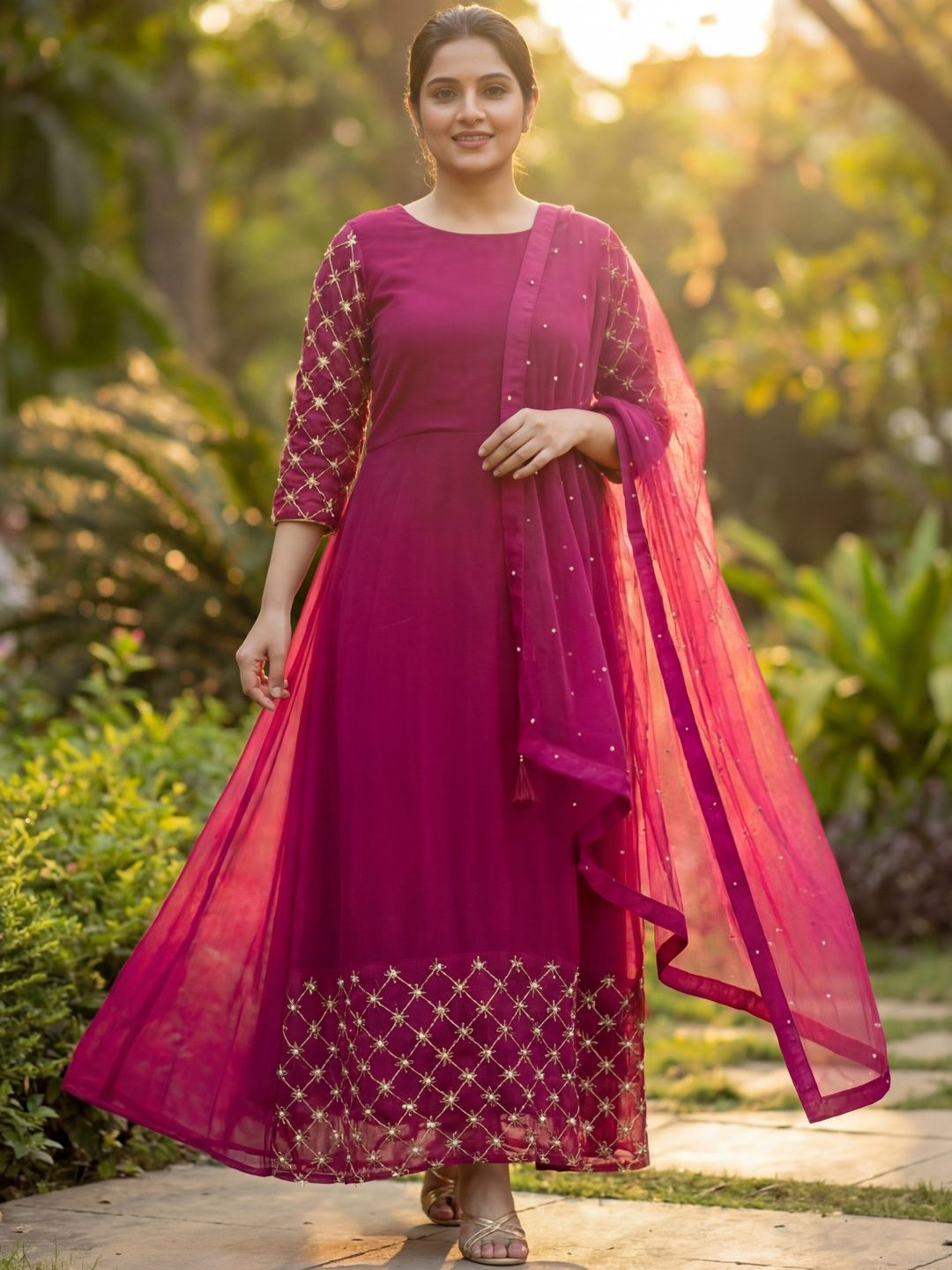 BAMSOM WEAR Embroidered Round Neck Fit & Flare Ethnic Dresses