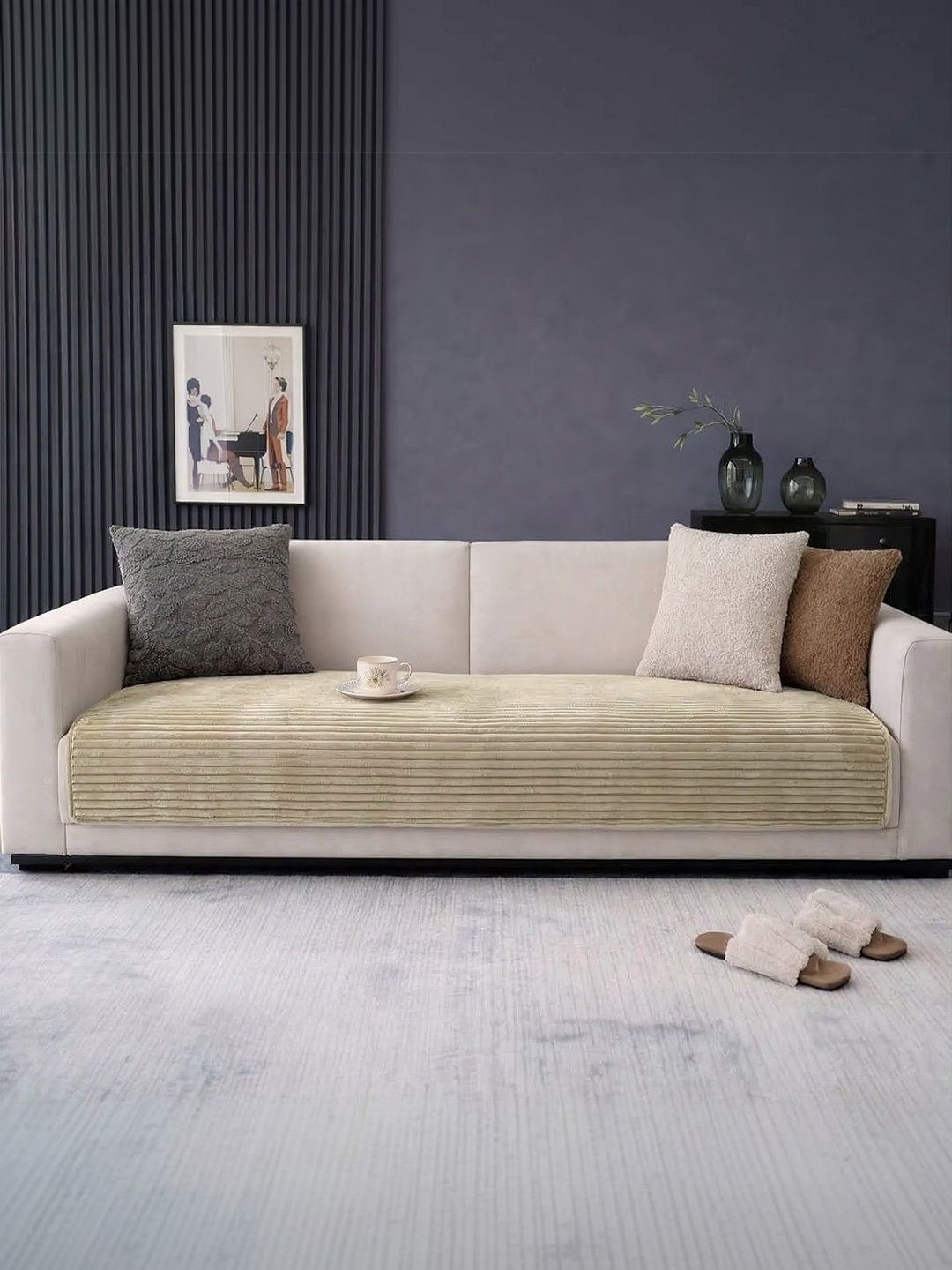 Cortina Green & Beige Solid 1 Piece Sofa Cover Without Arms-image-27