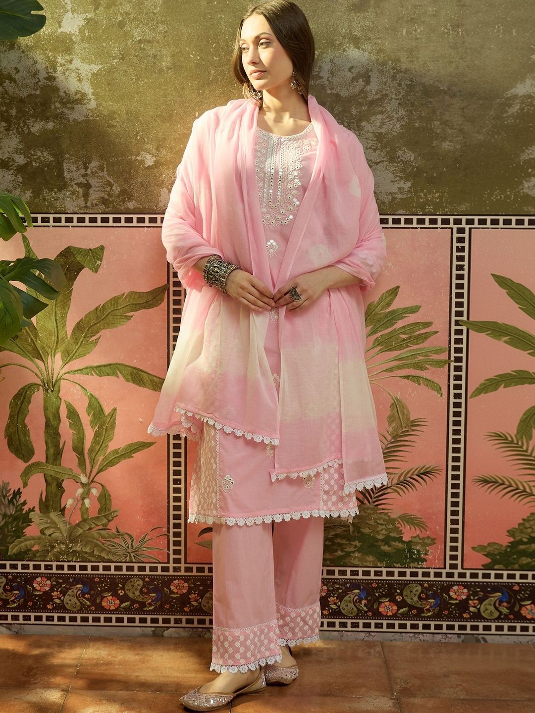 Sangria Embroidered Pure Cotton Round Neck Kurta & Palazzos With Dupatta Kurta Set-picture-57