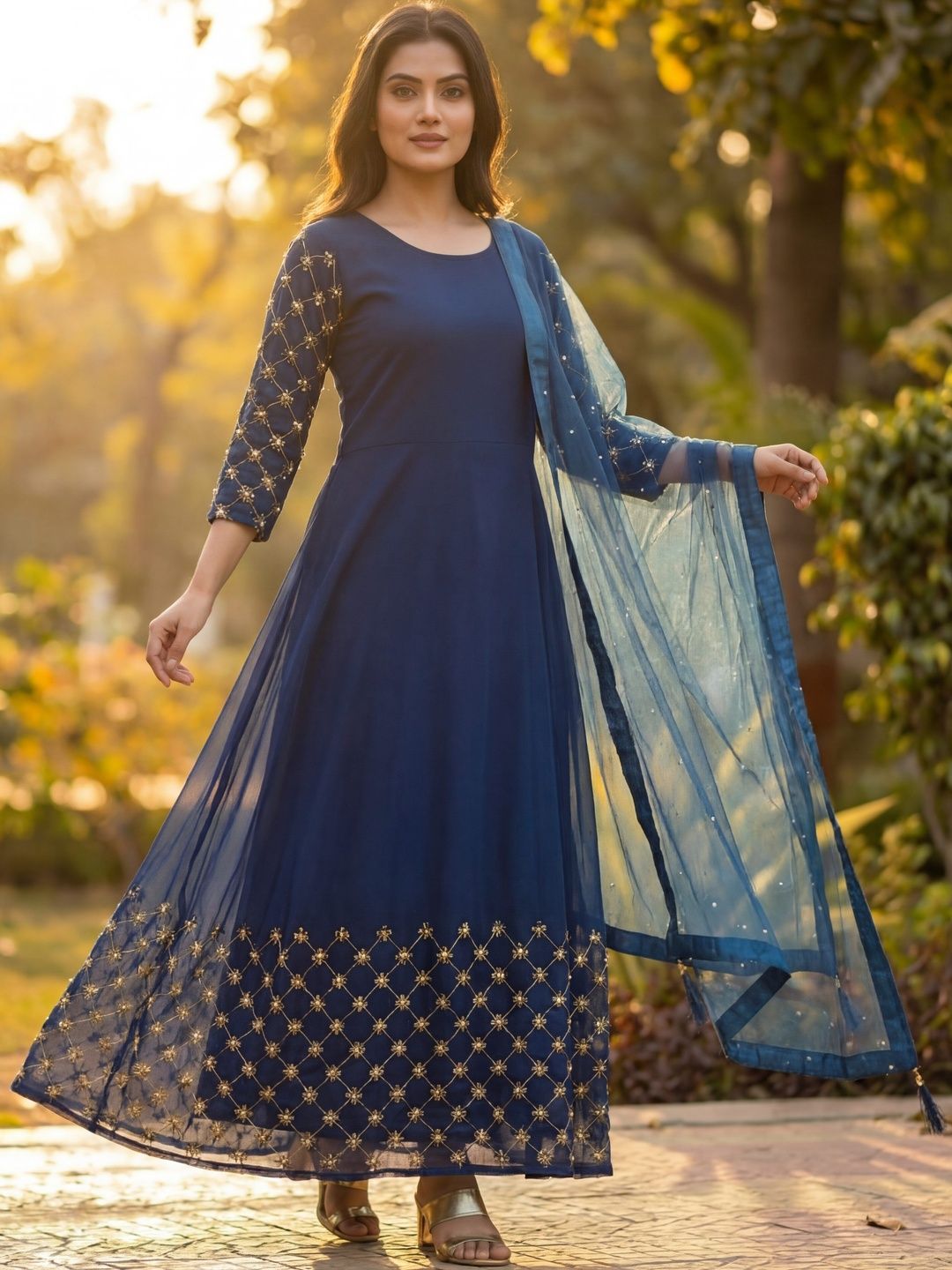 BAMSOM WEAR Embroidered Round Neck Fit & Flare Ethnic Dresses