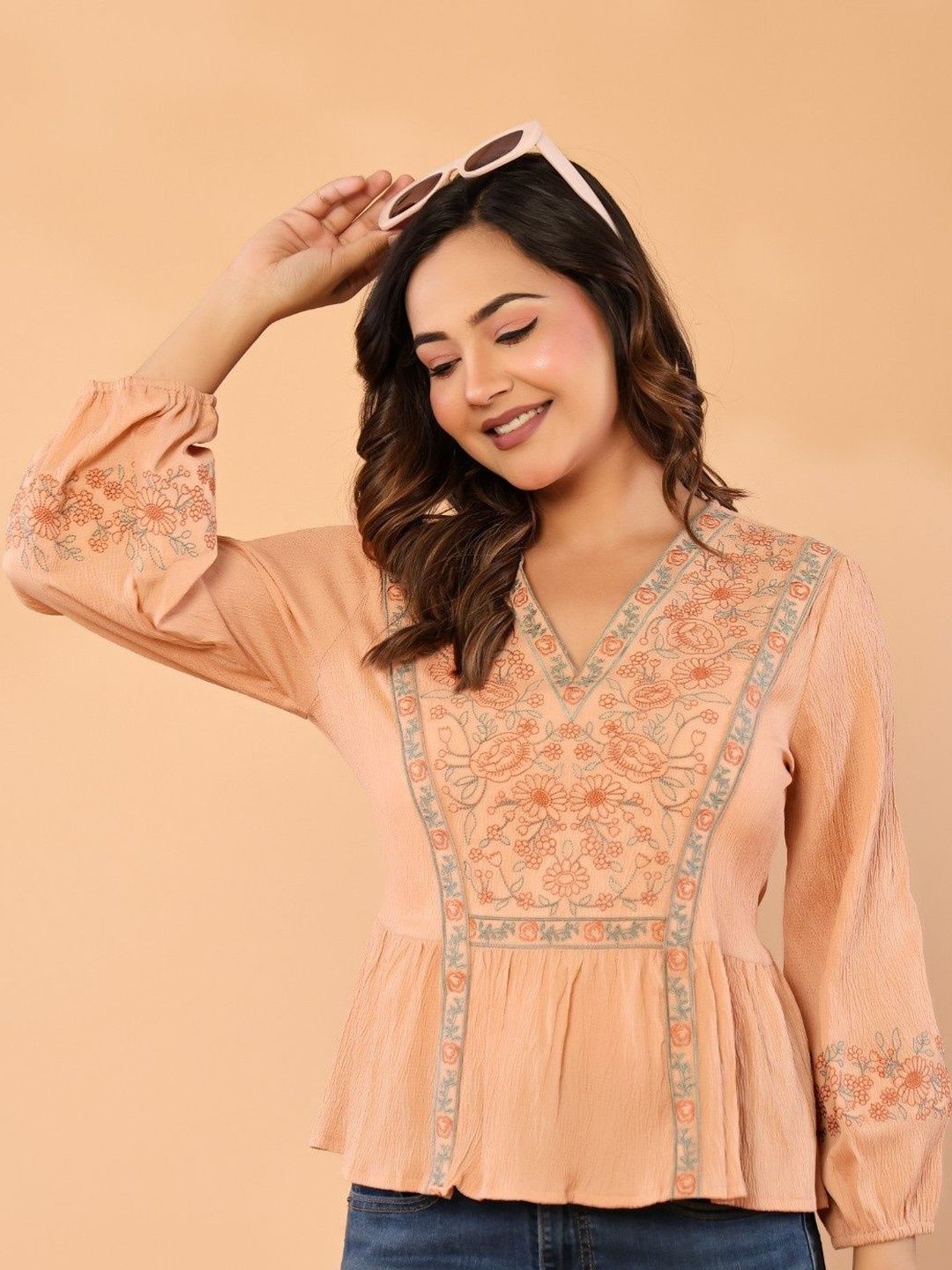 Anouk Rustic Floral Embroidered Crepe Peplum Top-picture-30