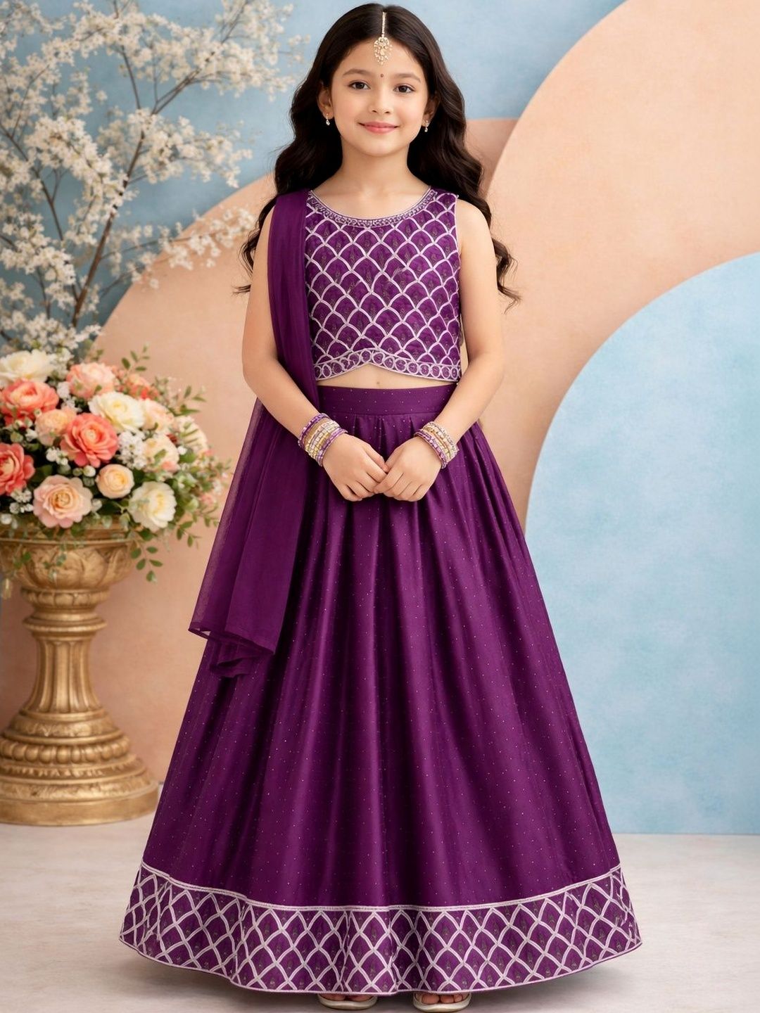 KALINI Girls Embellished Sequinned Semi-Stitched Lehenga & Blouse With Dupatta-image-31