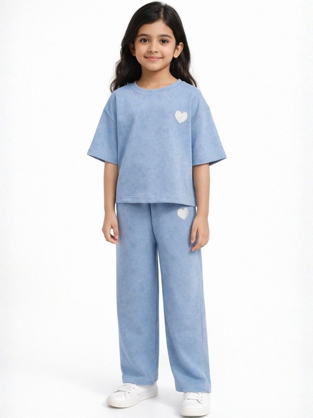 Anthrilo Kids Girls Light Blue Solid Short Sleeve Cotton Clothing Set-picture-51