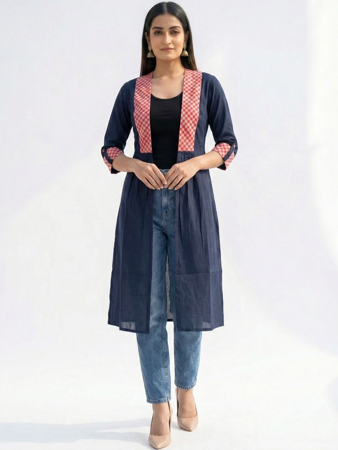 Crazy Needle Women Checked Longline Shrug-picture-57