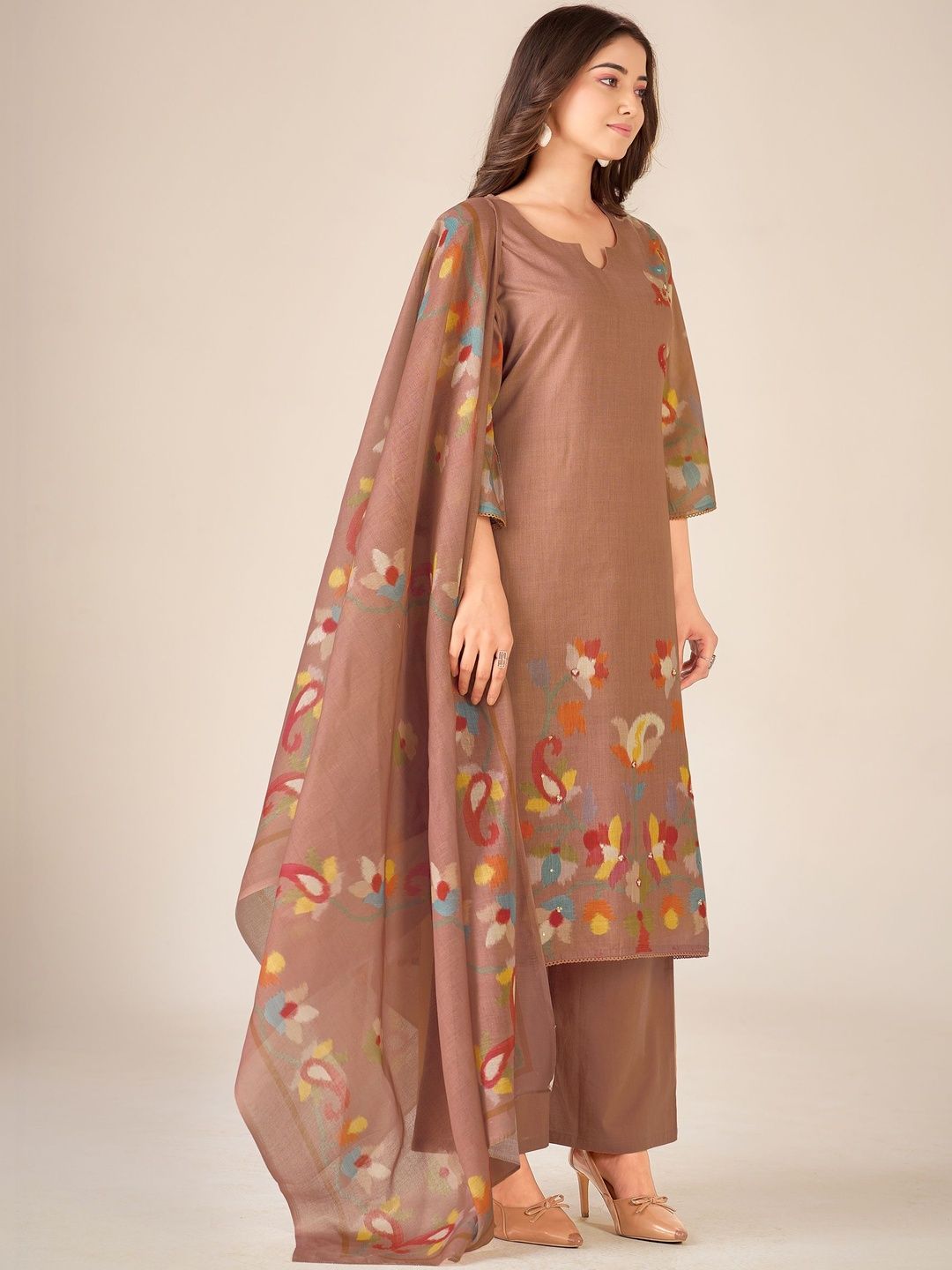 IOLY Women Floral Printed Regular Sequinned Pure Cotton Kurta with Palazzos & With Dupatta-image-43