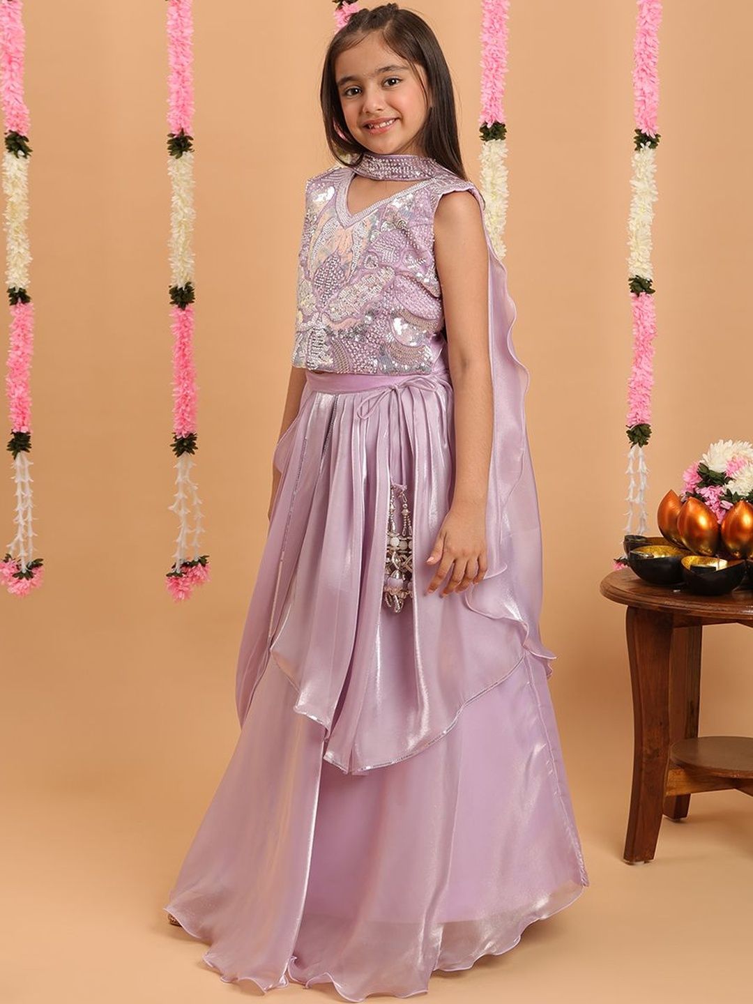 Tiny Kingdom Girls Satin Tissue Sleeveless Floral Embroidered Choli & Lehenga With Dupatta-picture-11