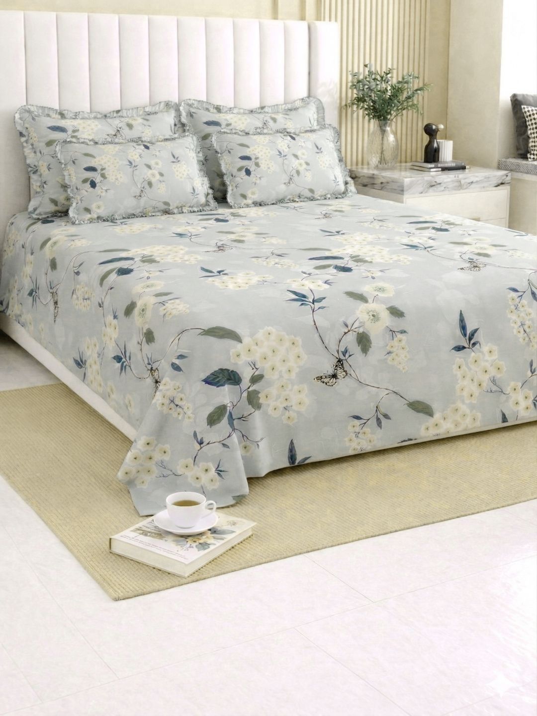 Dhrohar Grey Floral 180 TC Bedsheet with 2 Pillow Covers-image-19