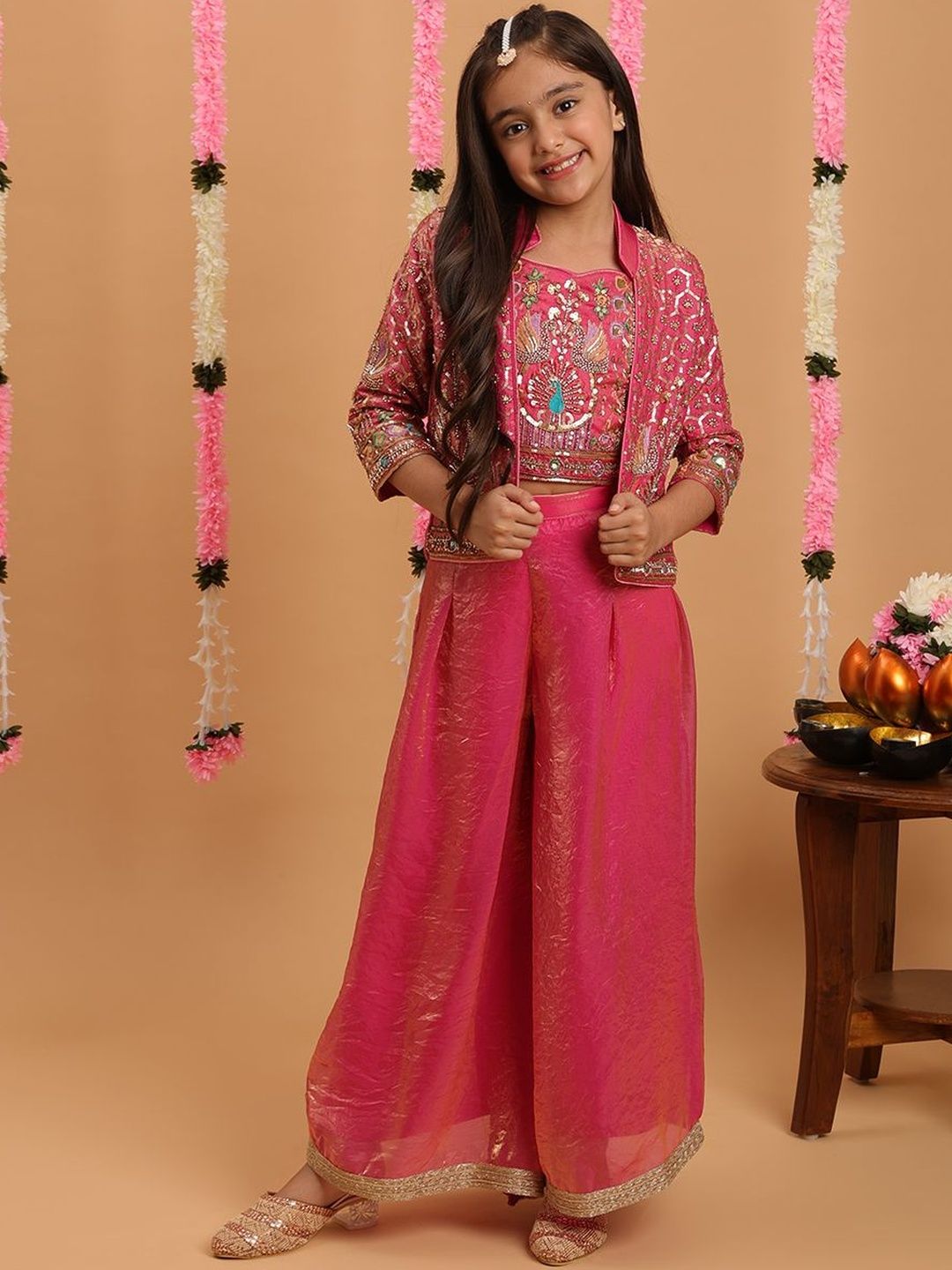 Tiny Kingdom Girls Floral Embroidery Pink Colored Top & Palazzo Set with Jacket-image-41