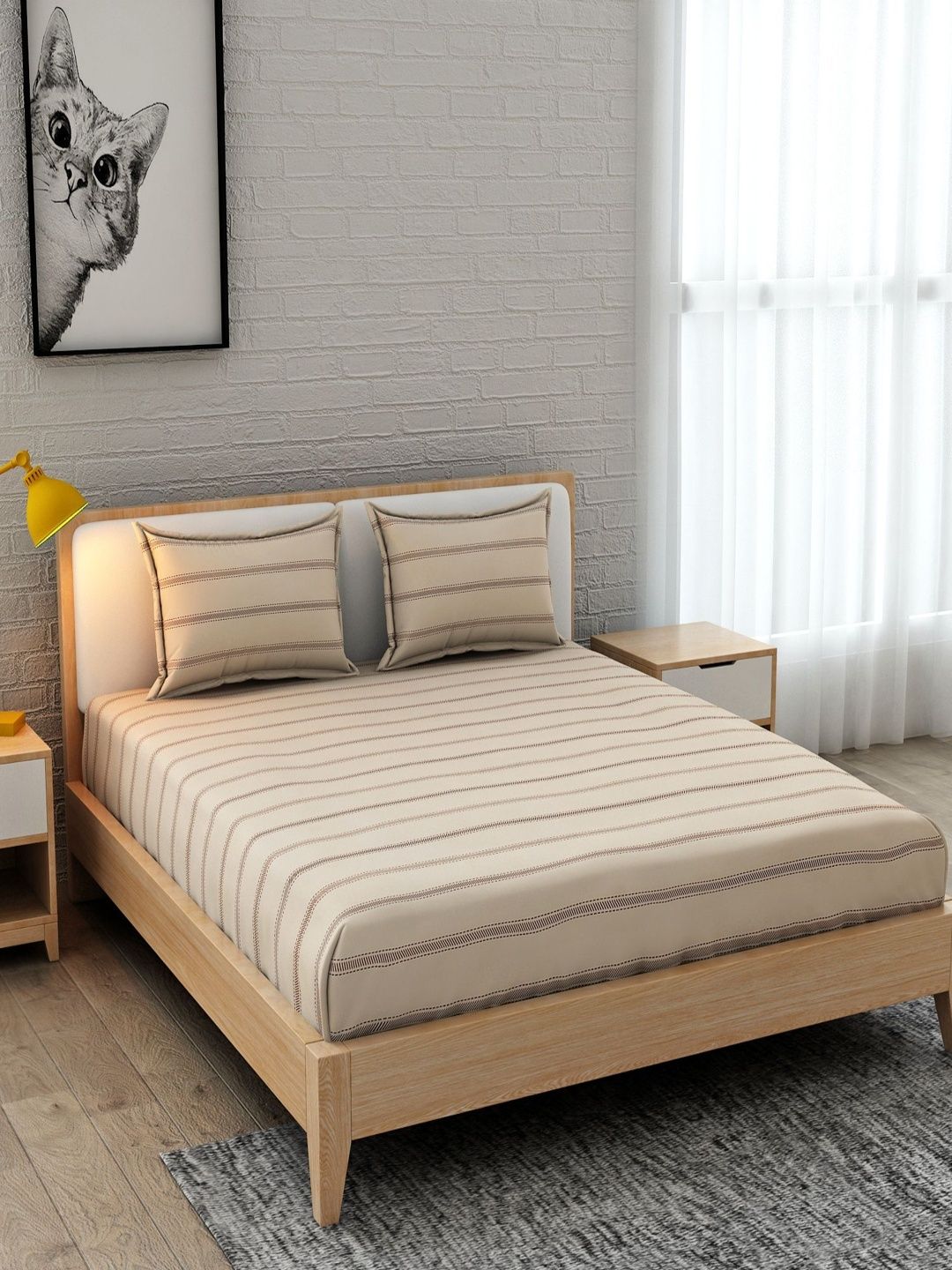 Homefab India Beige & Brown Striped 210 TC Bedsheet with 2 Pillow Covers-picture-16