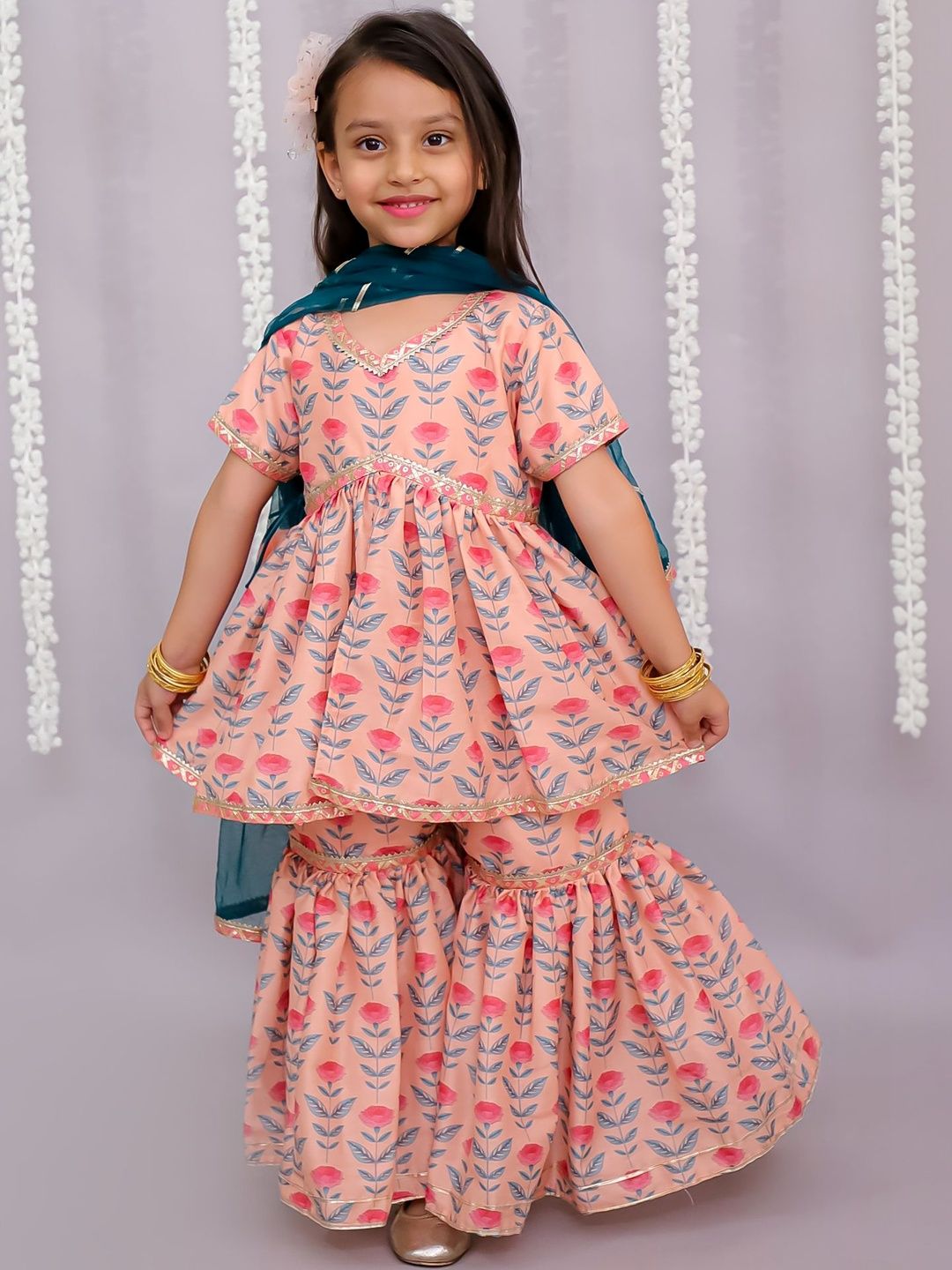 The Little Tales Girls Floral Printed Tiered Gotta Patti Kurta with Sharara & With Dupatta-image-17