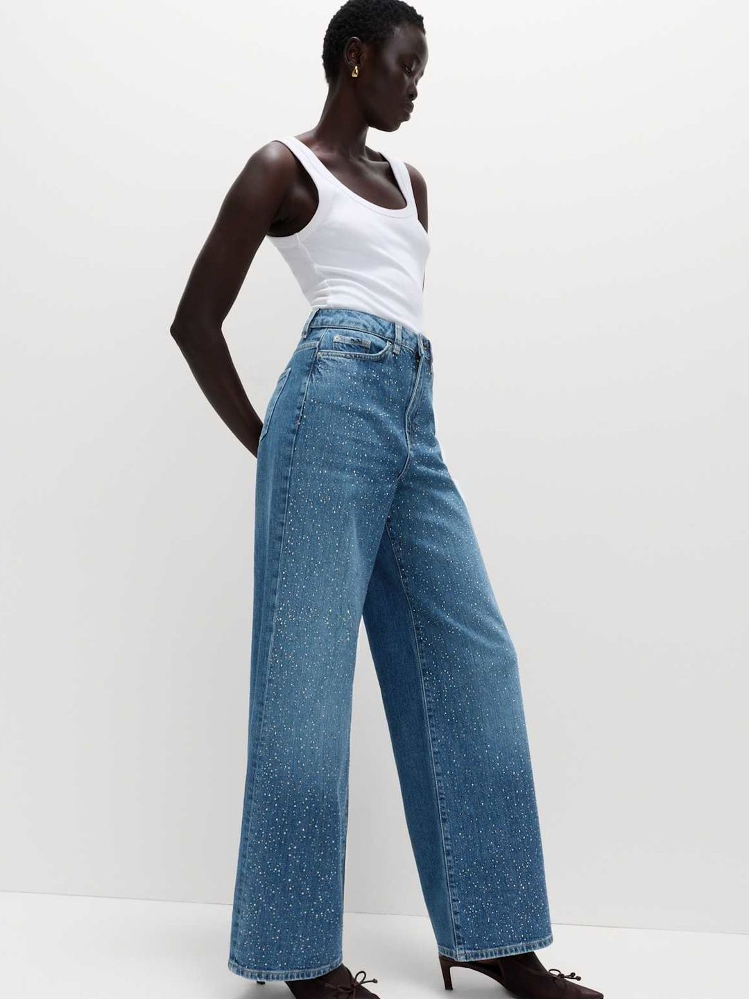 Marks & Spencer Embellished Blue Pure Cotton Wide Leg Jeans-picture-10