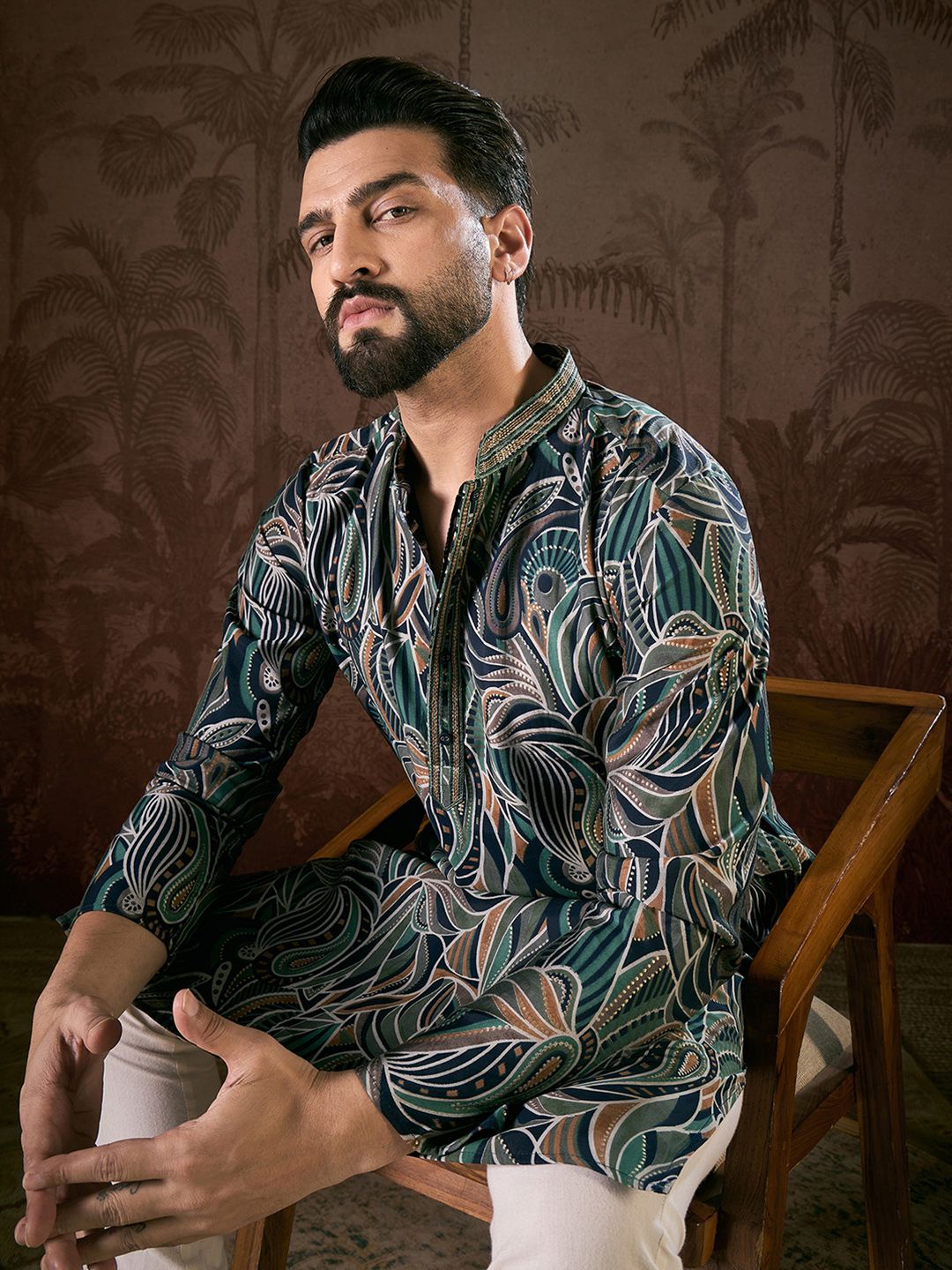 House of Pataudi Printed Mandarin Collar Calf Length Straight Kurtas-picture-25