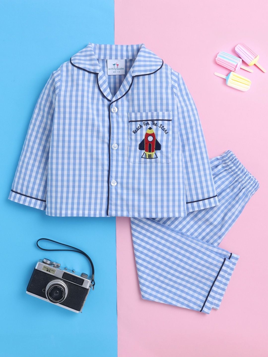 Knitting Doodles Unisex Kids Checked Night suit-image-1