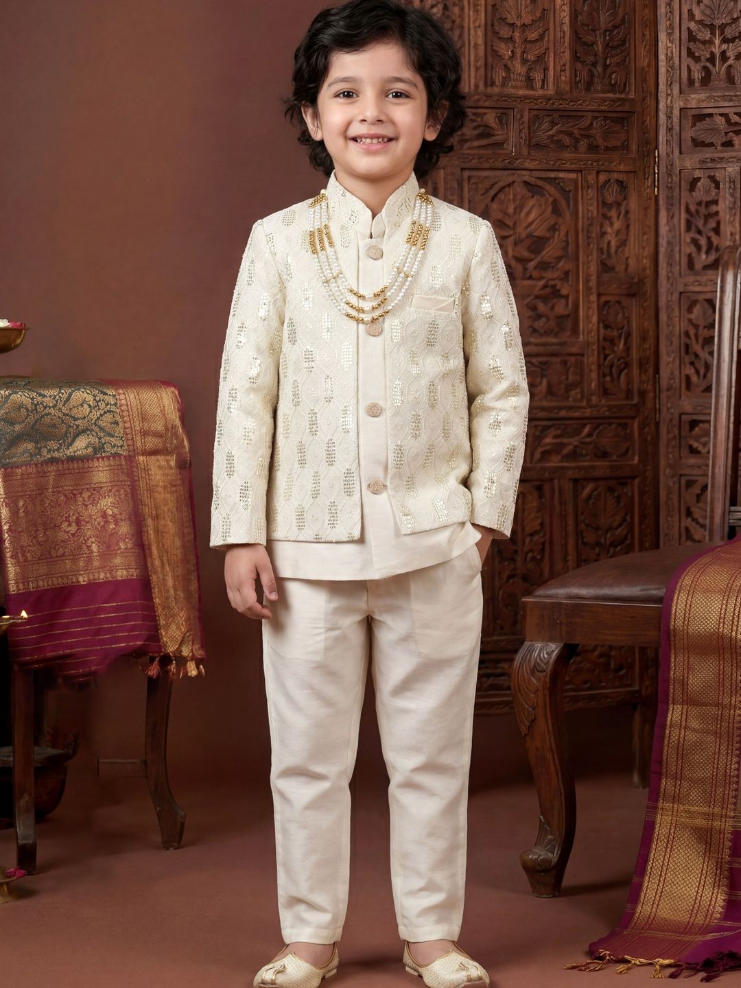 KALINI Boys Embroidered Mandarin Collar Cotton Silk Sherwani-picture-54