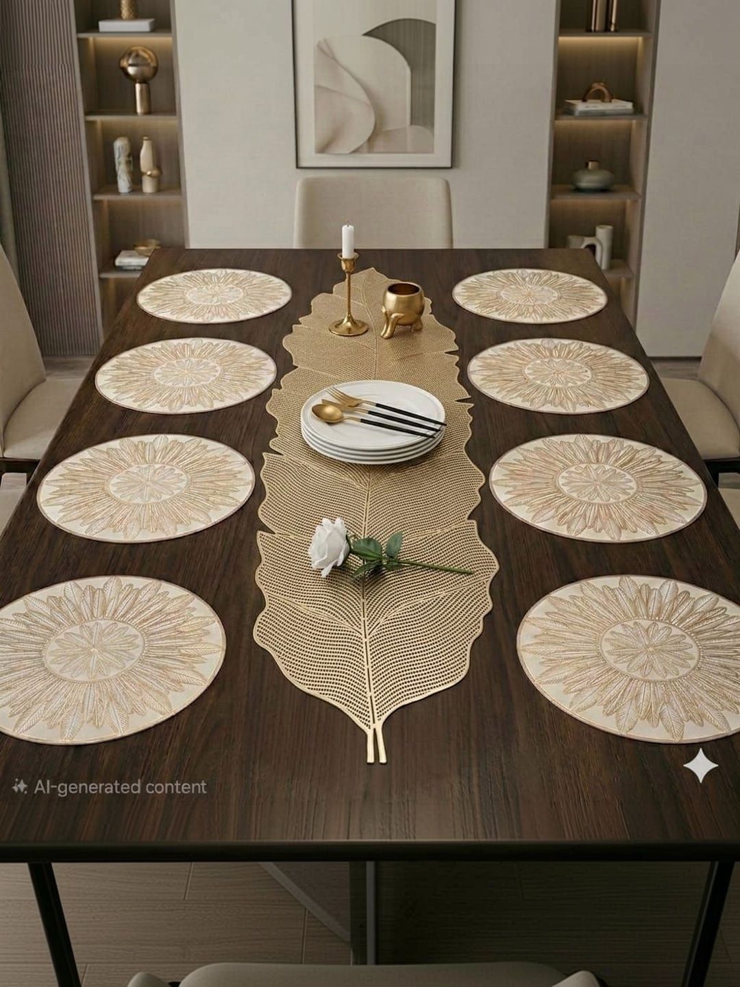 RAINBOW FURNISHINGS 9-Pcs Beige Leaf Table Place Mat & Runner Set-picture-28