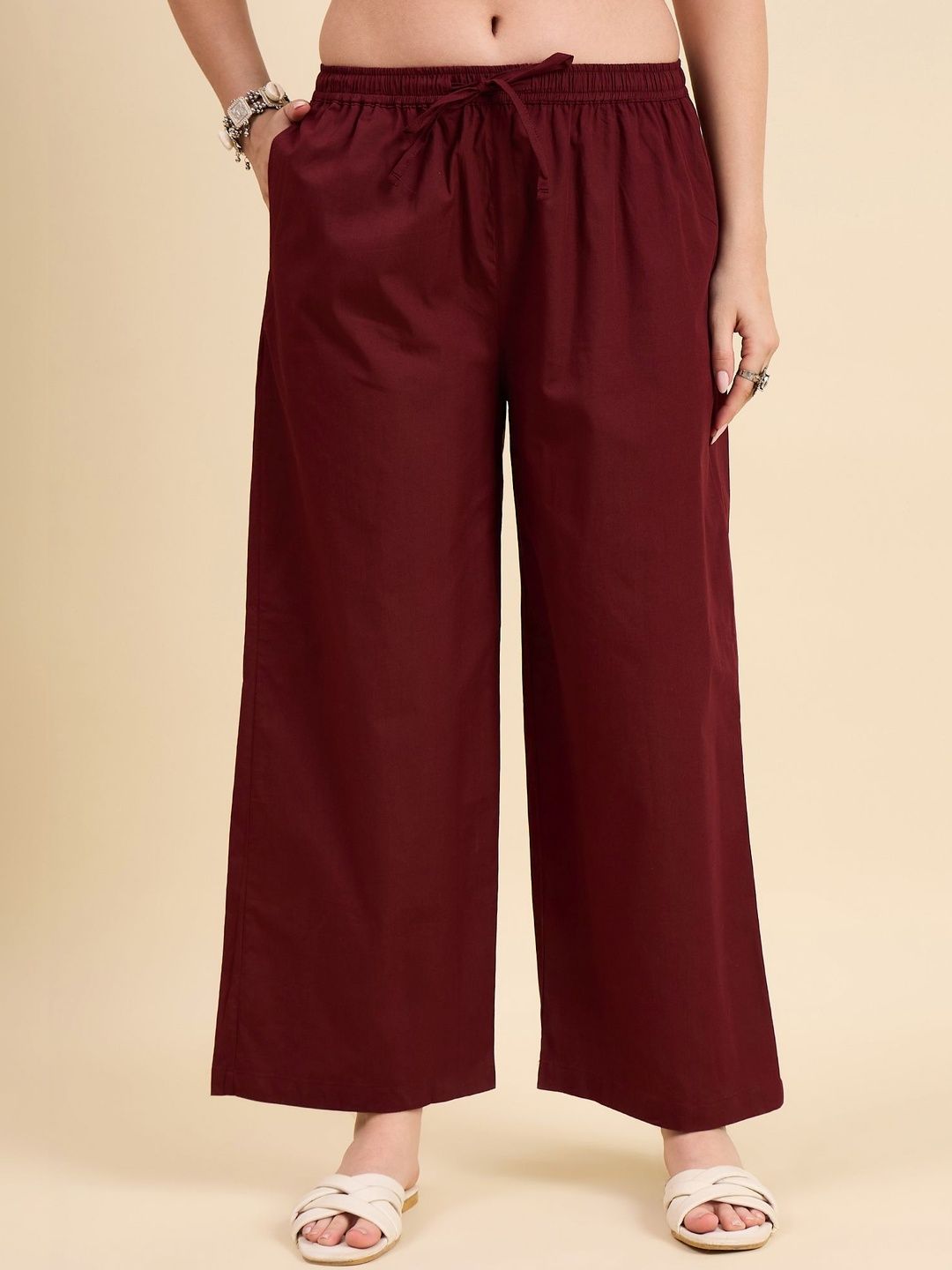 Keitra Women Elastic Waist Relaxed Fit Cotton Casual Palazzo Pants-picture-0
