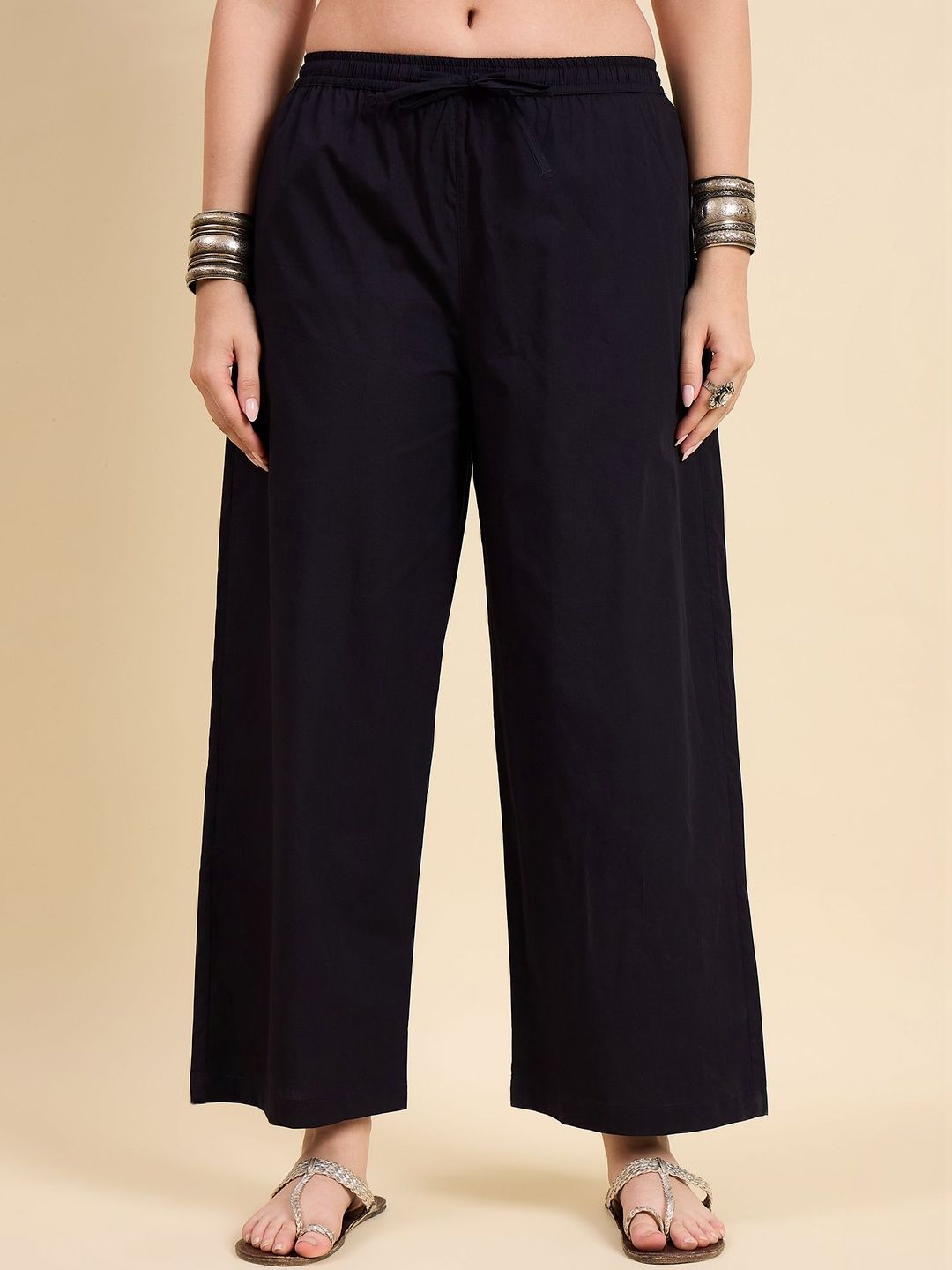 Keitra Women Elastic Waist Relaxed Fit Cotton Casual Palazzo Pants-picture-1