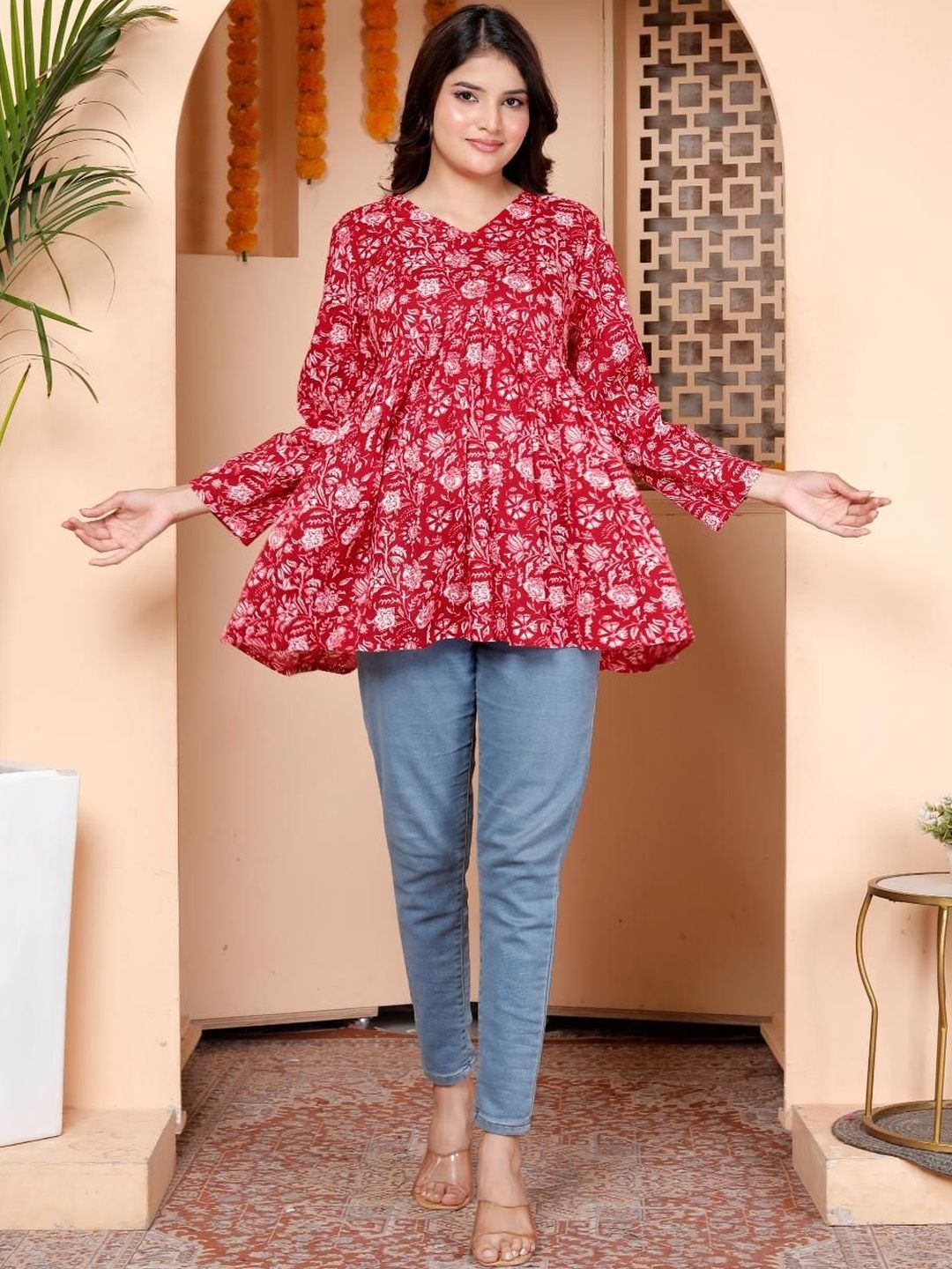 Bibhatsu Floral Printed V-Neck Tiered Kurti-picture-11