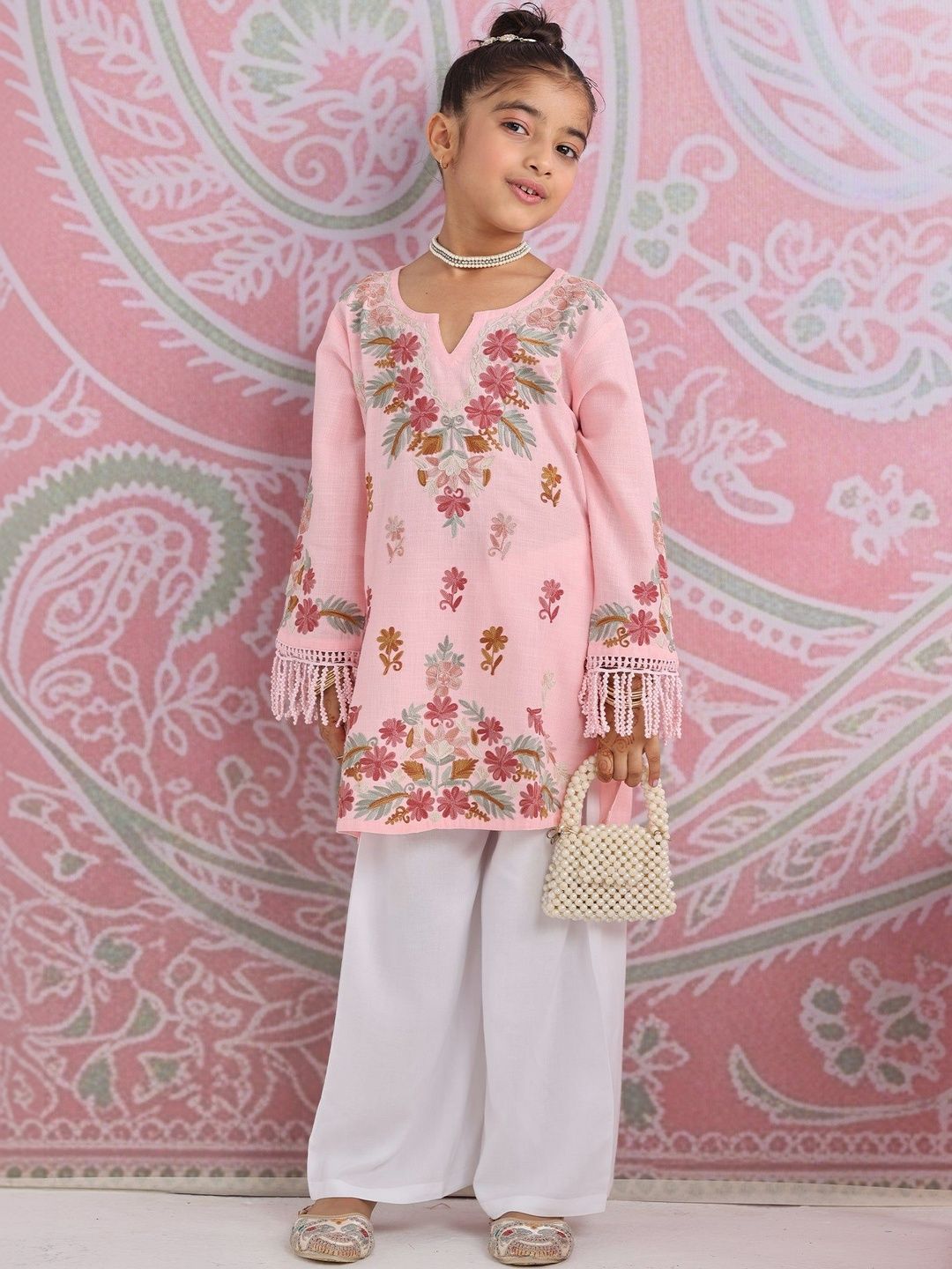 HOUSE OF KARI Girls Floral Embroidered Flared Sleeves Thread Work Floral Kurta-picture-31