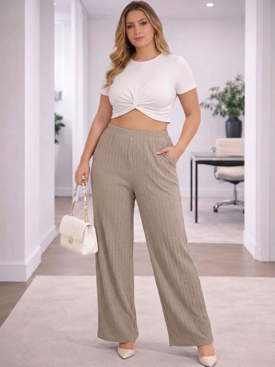 TWINS LADY Women Textured Relaxed Wrinkle Free Trousers-picture-0