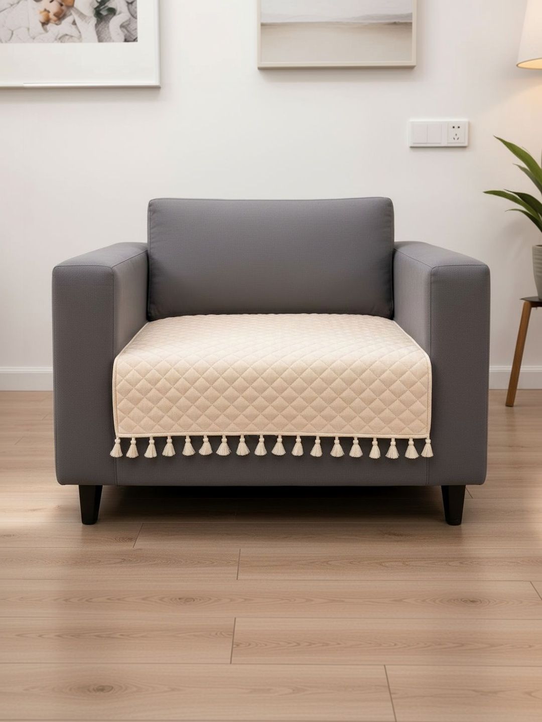 HOMEMONDE Beige Solid 1 Piece Sofa Cover-picture-33