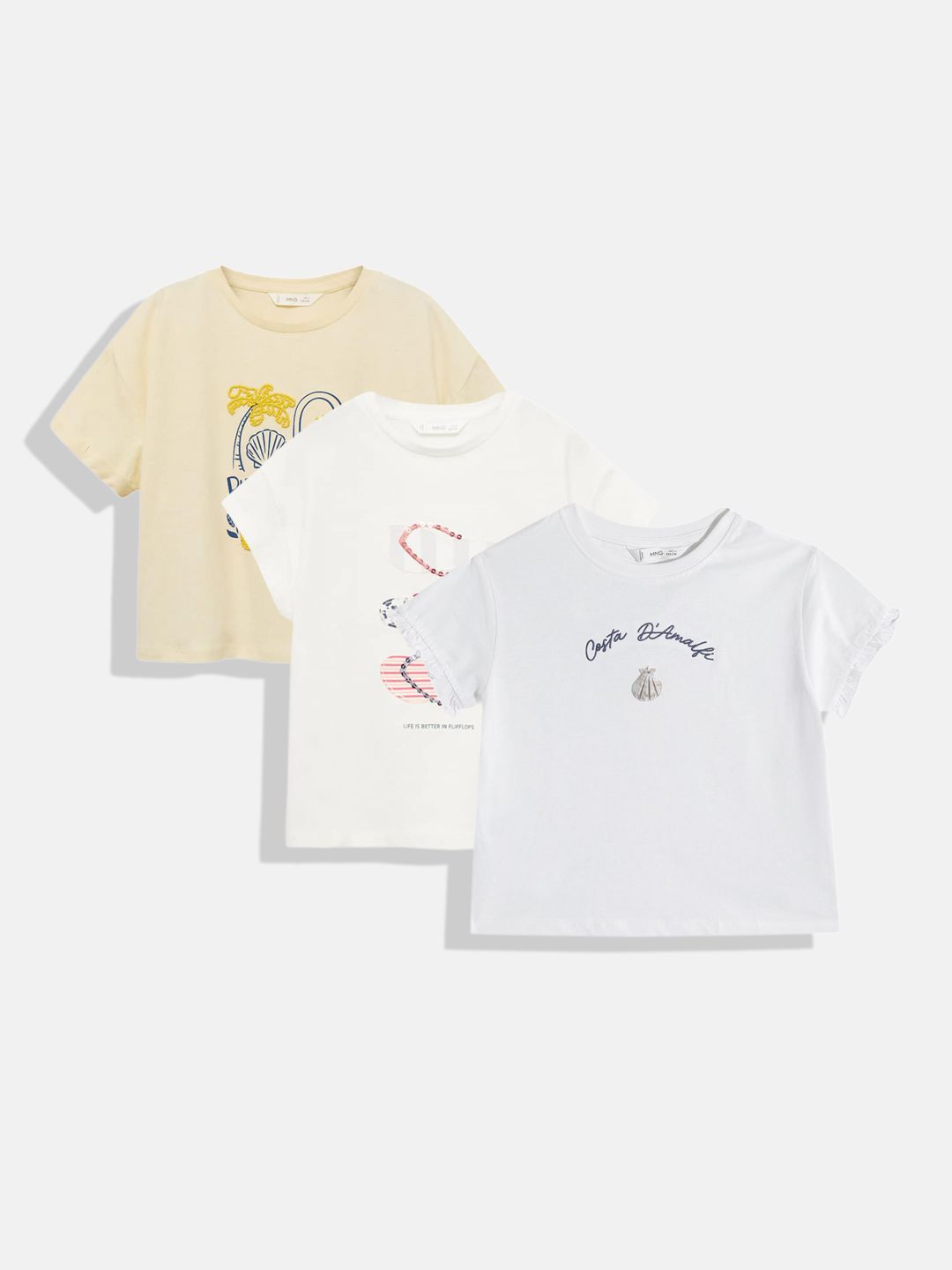 Mango Kids Girls Pack Of 3 Printed Drop-Shoulder Sleeves Pure Cotton T-shirt-picture-25