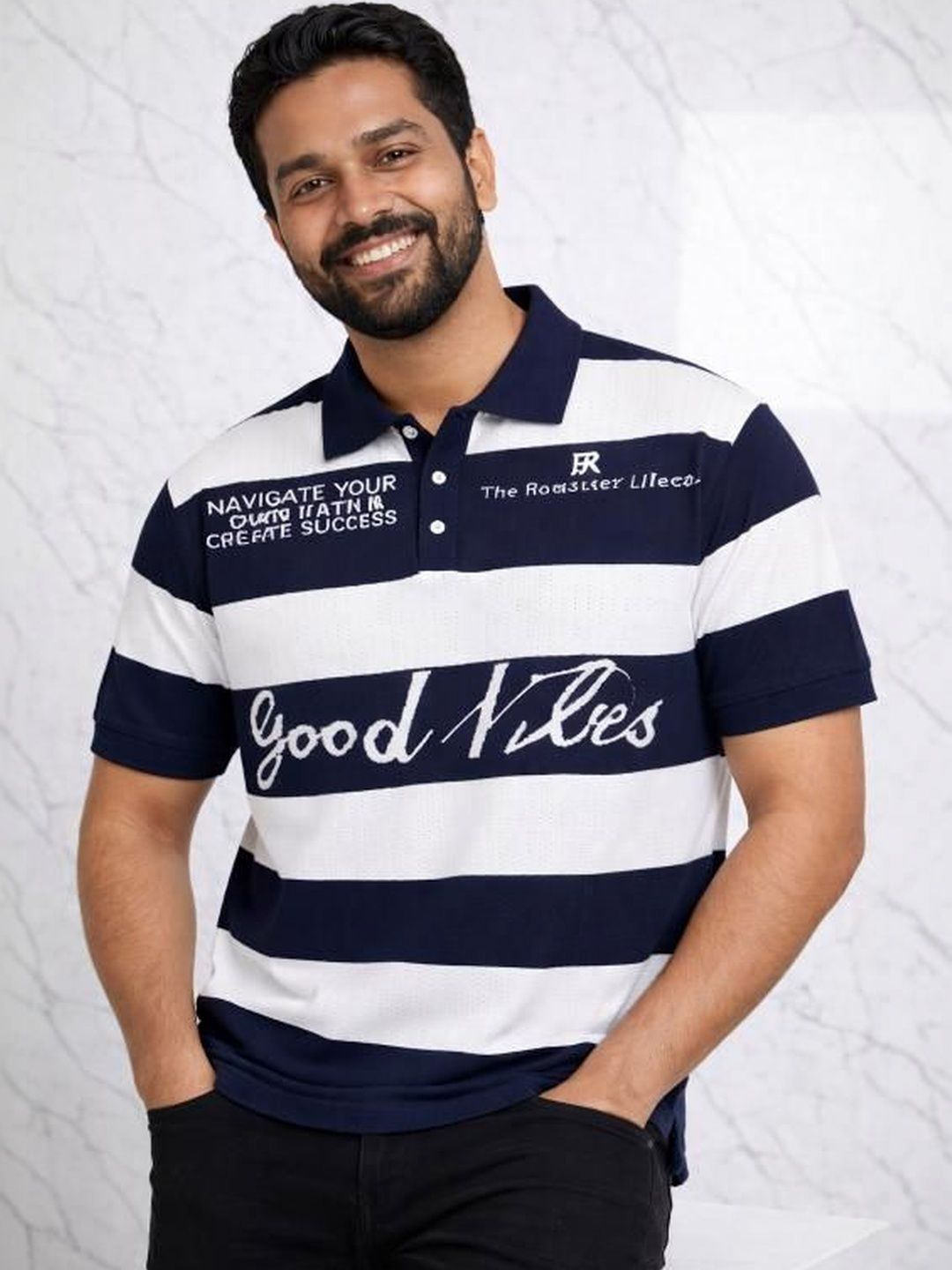 The Roadster Lifestyle Co Striped Typography Cotton Polo Collar T-shirt-image-24