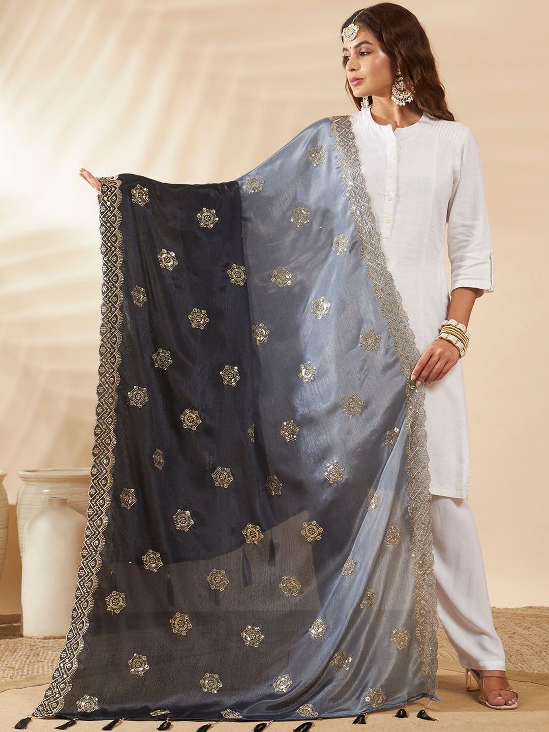 HANDICRAFT PALACE Embroidered Dupatta with Sequinned-picture-21