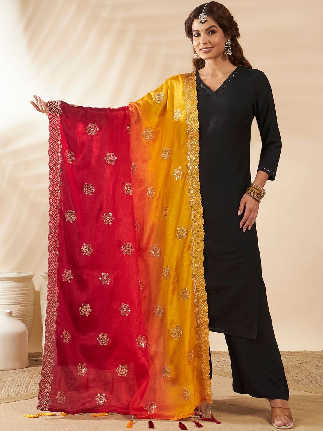 HANDICRAFT PALACE Embroidered Dupatta with Sequinned-picture-58