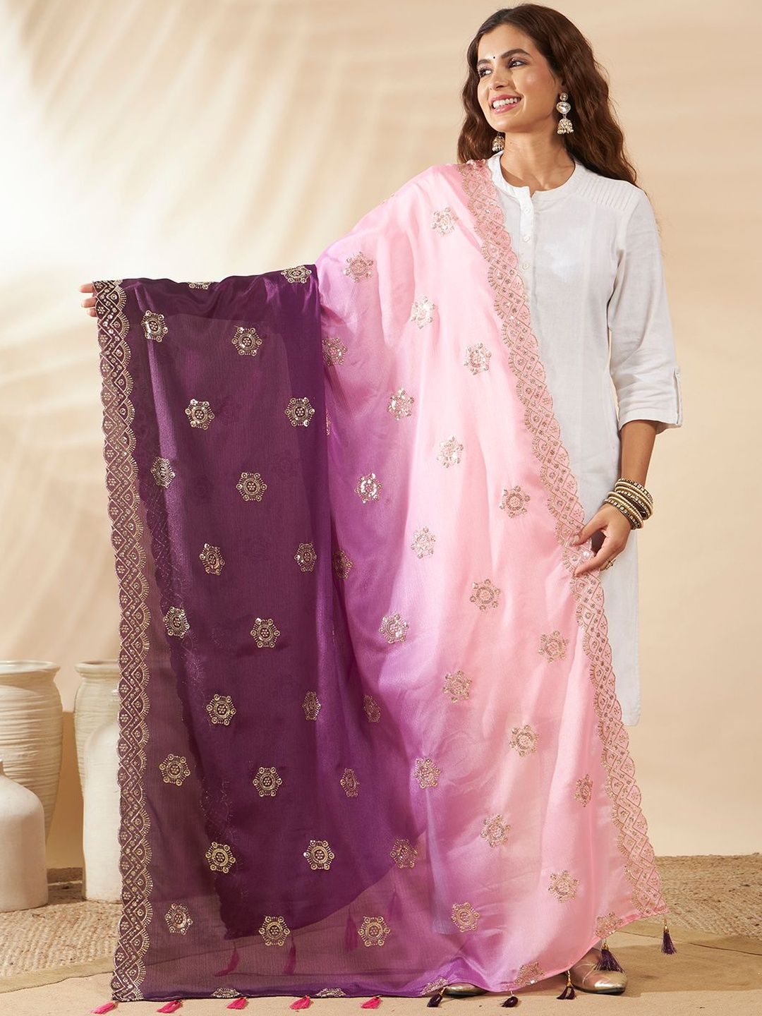 HANDICRAFT PALACE Embroidered Dupatta with Sequinned-picture-14