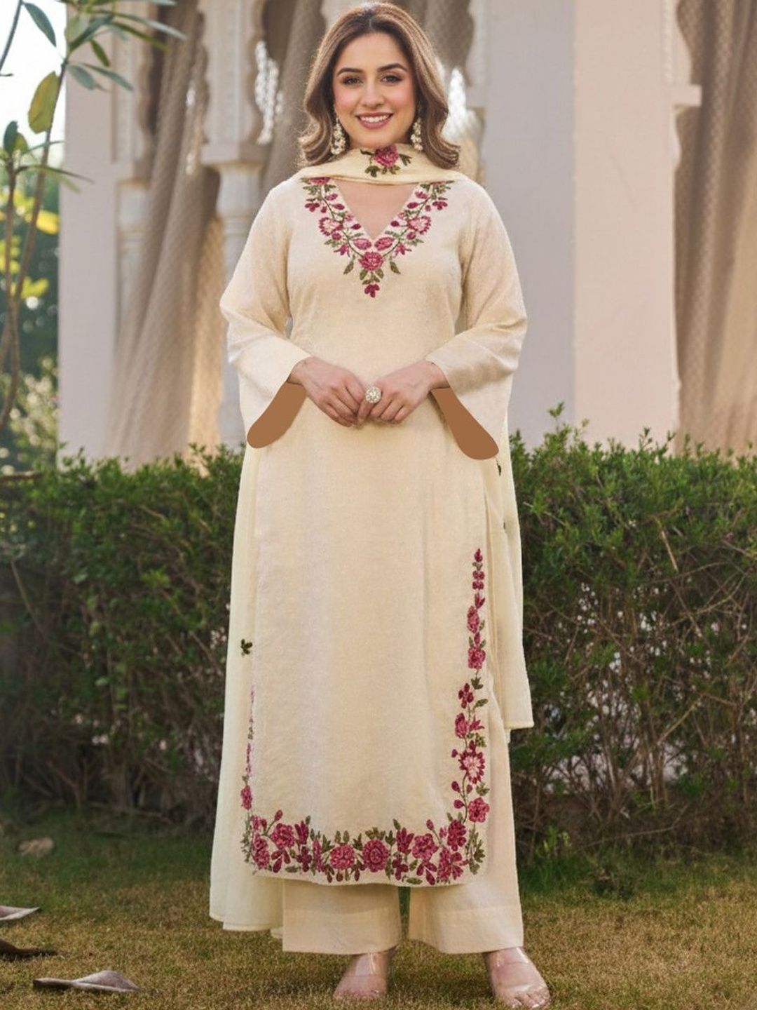 GoSriKi Women Floral Embroidered Regular Thread Work Kurta with Palazzos & With Dupatta-picture-12