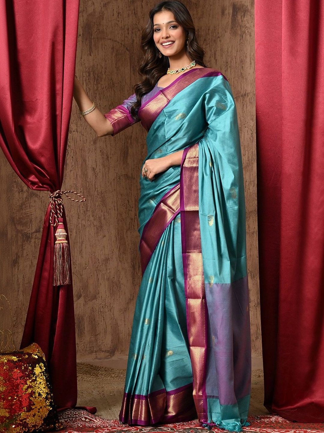 Anouk Rustic Ethnic Motifs Woven Design Zari Pure Cotton Kanjeevaram Saree-picture-36