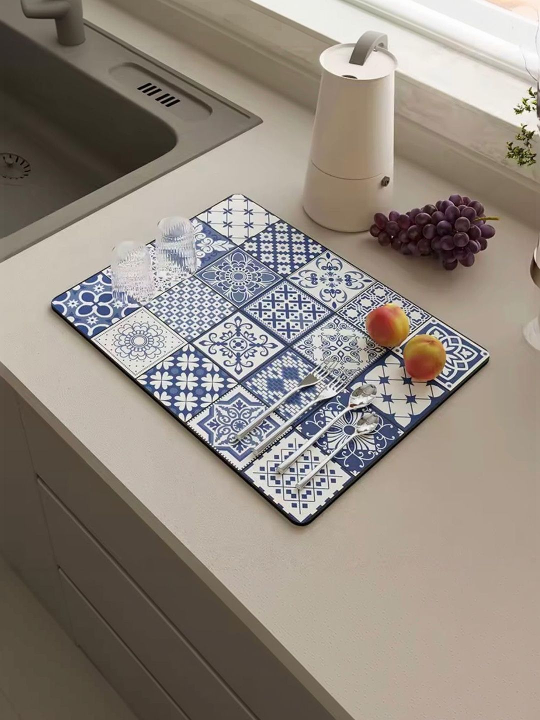 FAVRIA Blue & White Water Absorbent Dish Drying Mat-image-8