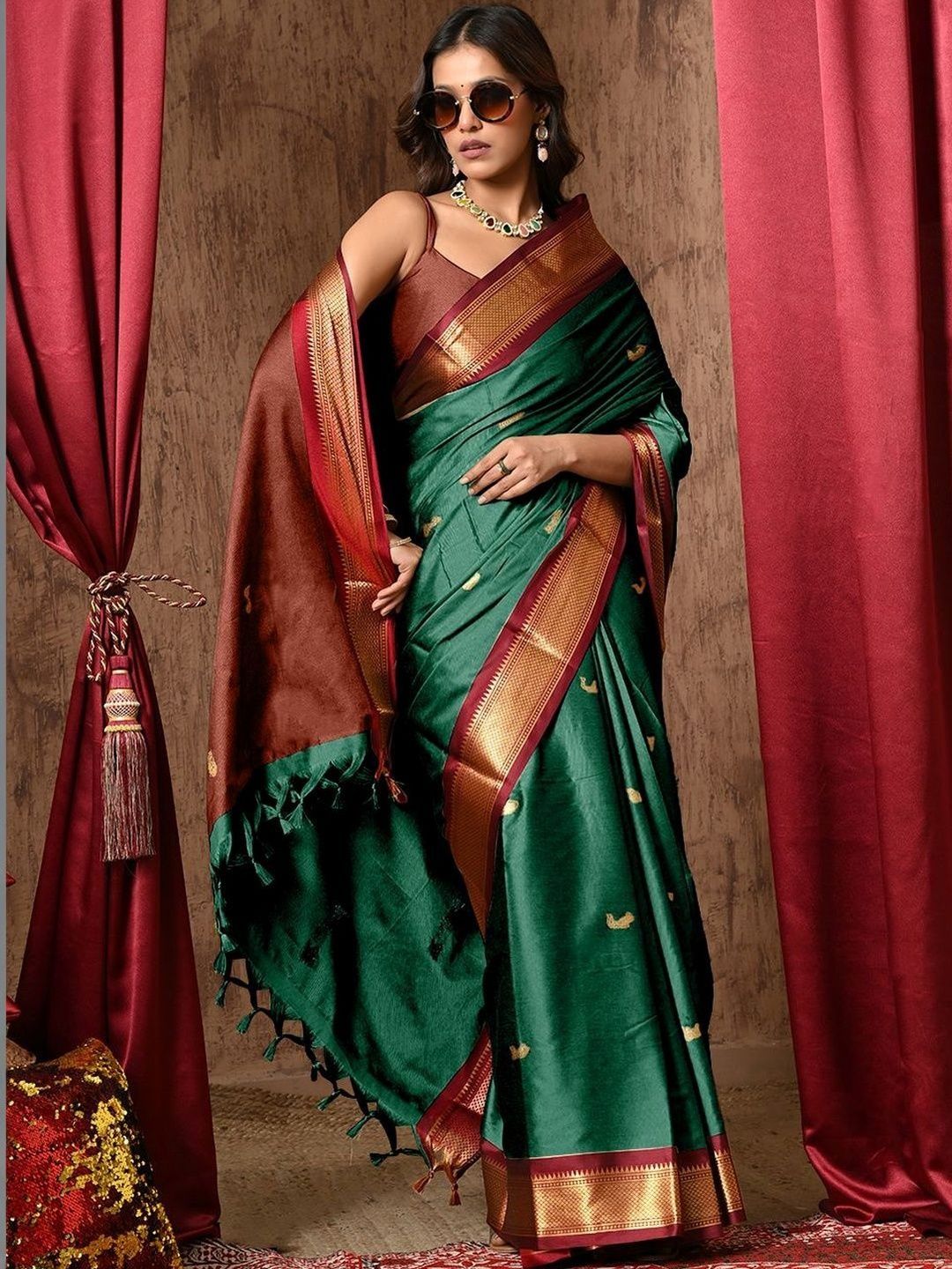 Anouk Rustic Ethnic Motifs Woven Design Zari Pure Cotton Kanjeevaram Saree-picture-23