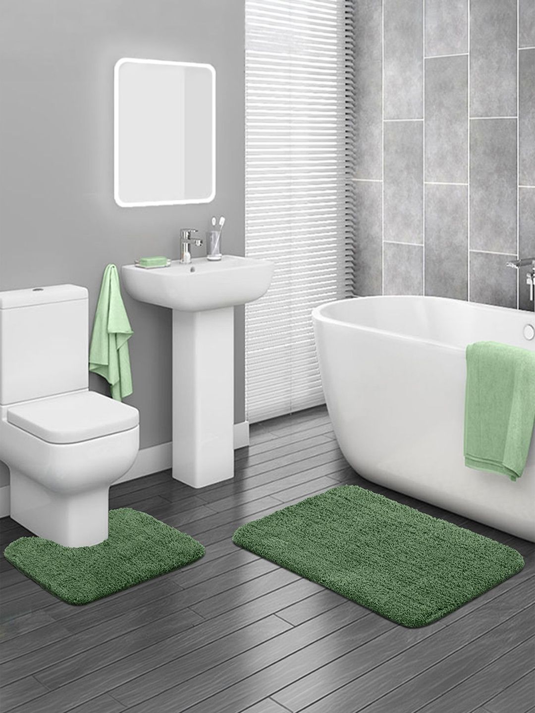 OBSESSIONS 2-Pcs Green Textured Anti-Skid Bath Rugs-picture-31