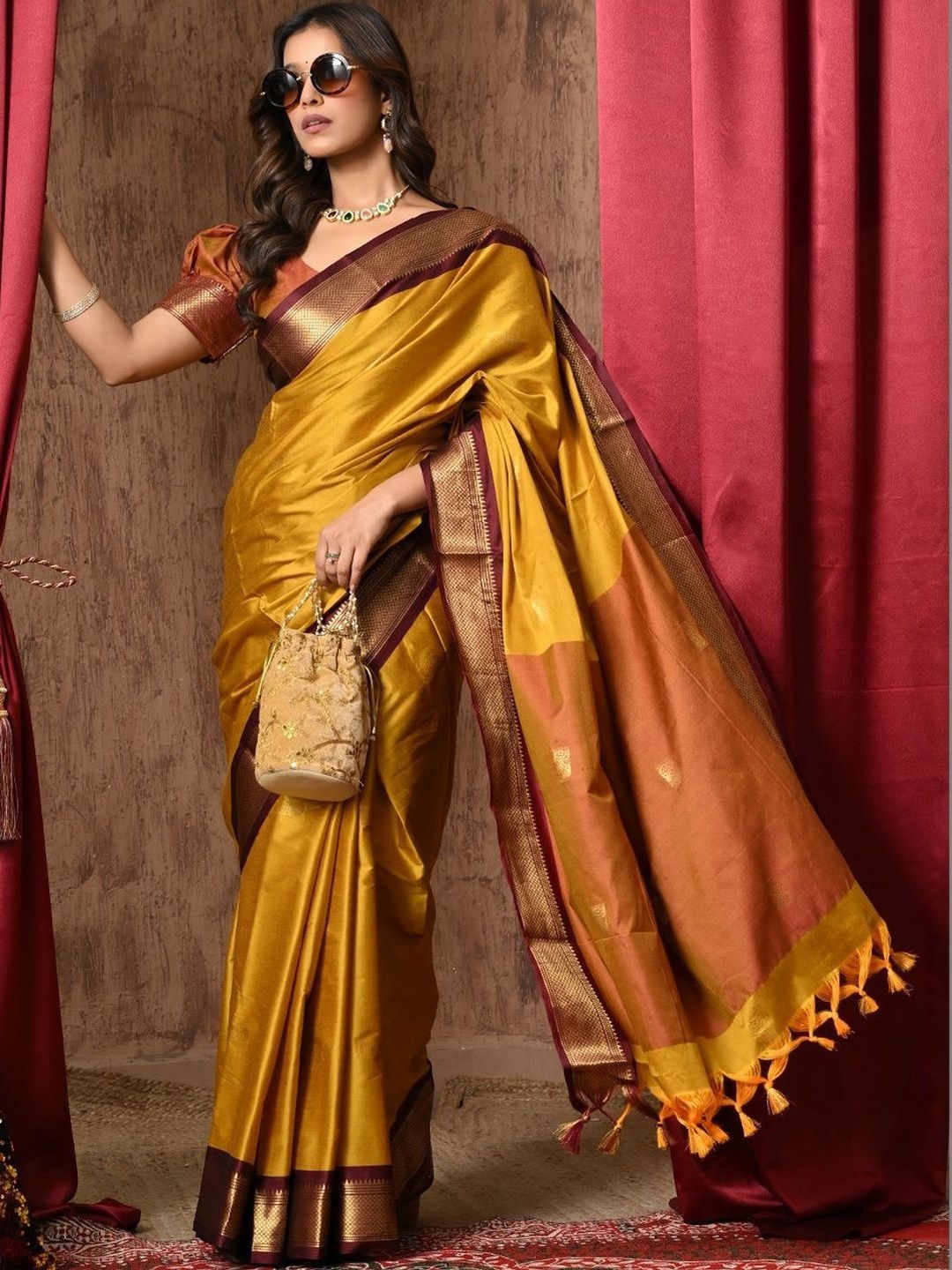 Anouk Rustic Ethnic Motifs Woven Design Zari Pure Cotton Kanjeevaram Saree-picture-21