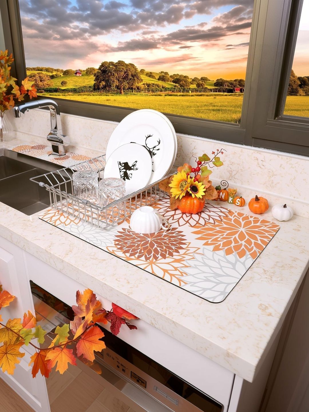 FAVRIA Orange & White Water Absorbent Dish Drying Mat-image-1