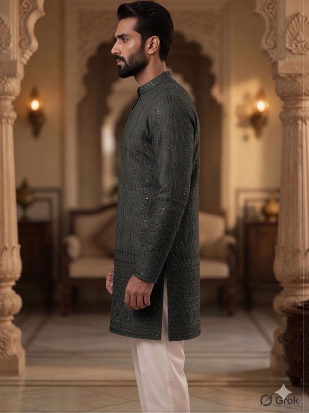INDIROOP Men Ethnic Motifs Embroidered Sequinned Kurta-picture-23