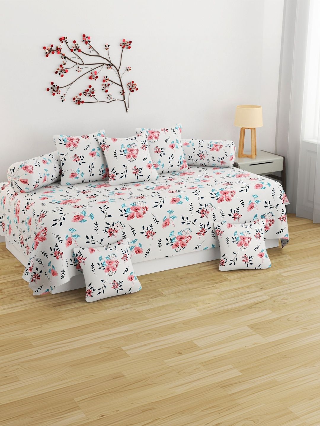 Homefab India White & Pink 8-Pieces Printed Diwan Set-image-28