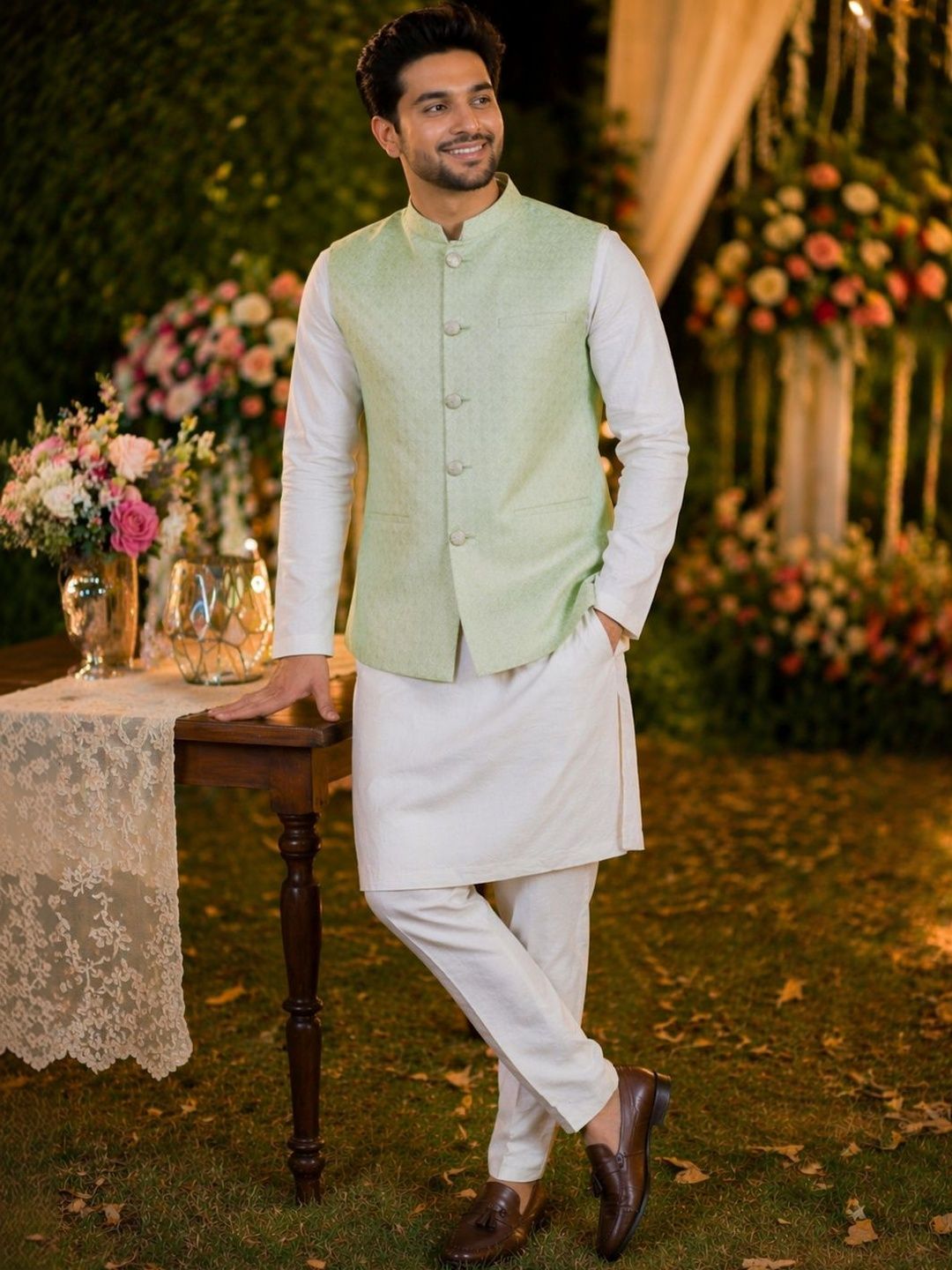 House of Pataudi Floral Textured Festive Jacquard Nehru Jacket-picture-22