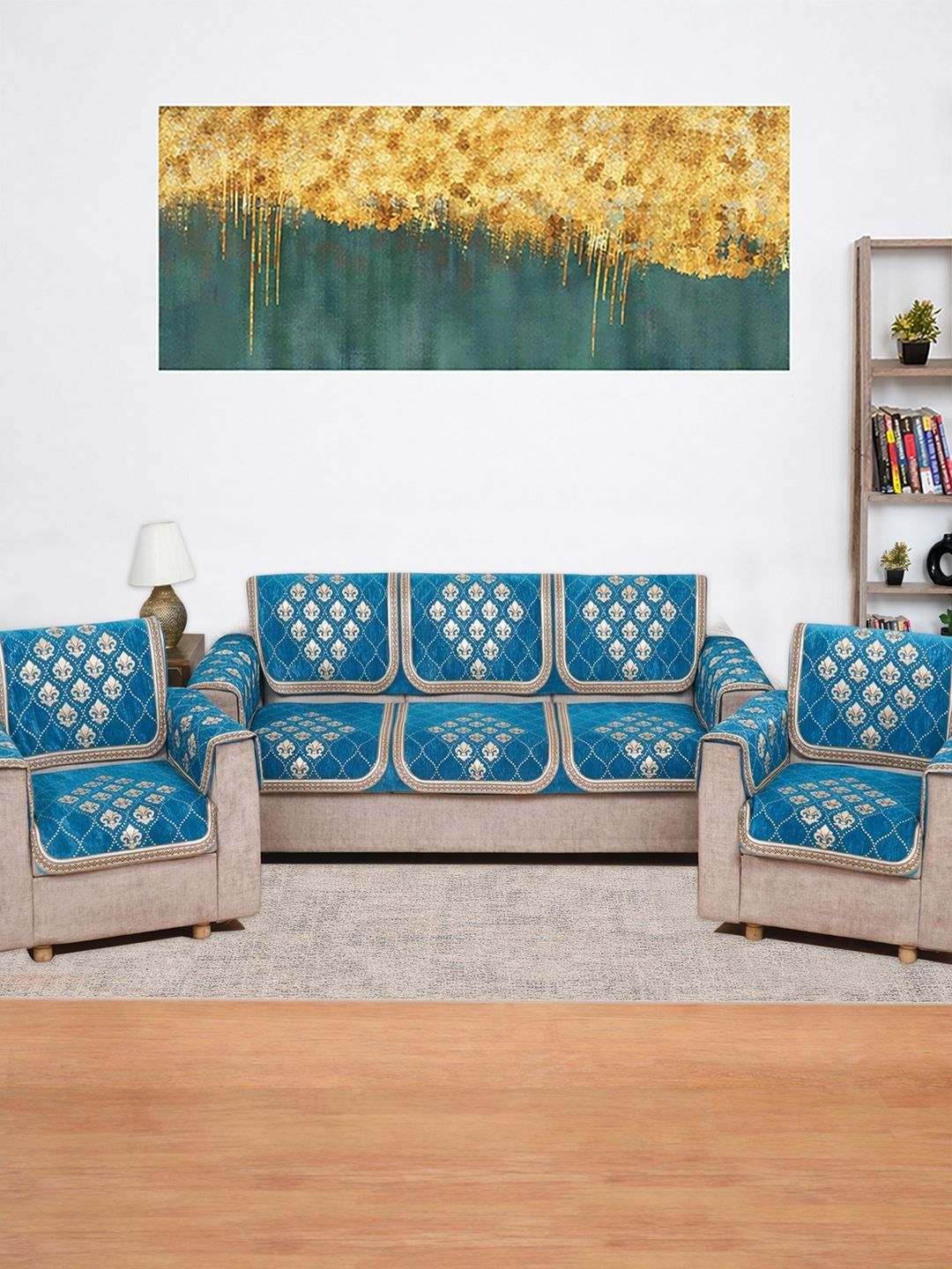 MORADO Teal & Blue Embroidered Sofa Cover With Arms-image-19
