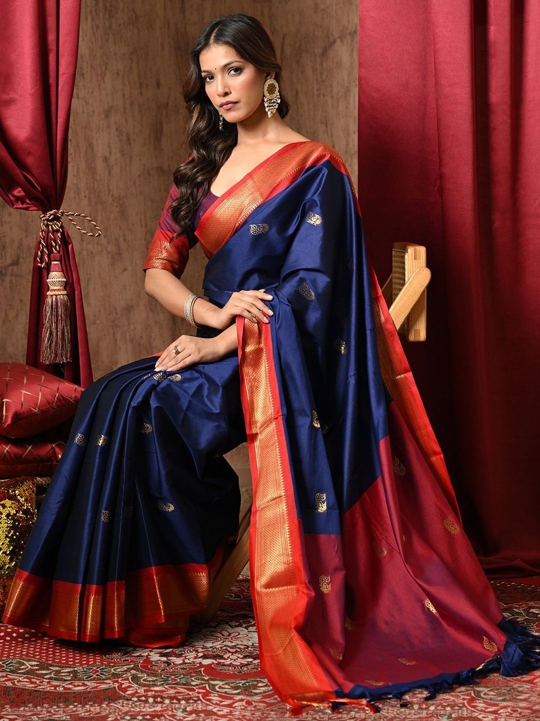 Anouk Rustic Ethnic Motifs Woven Design Zari Pure Cotton Heavy Work Kanjeevaram Saree-picture-18