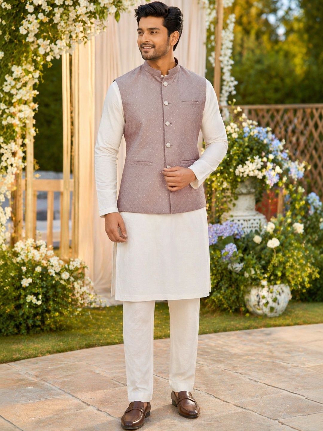House of Pataudi Floral Textured Festive Jacquard Nehru Jacket-picture-52