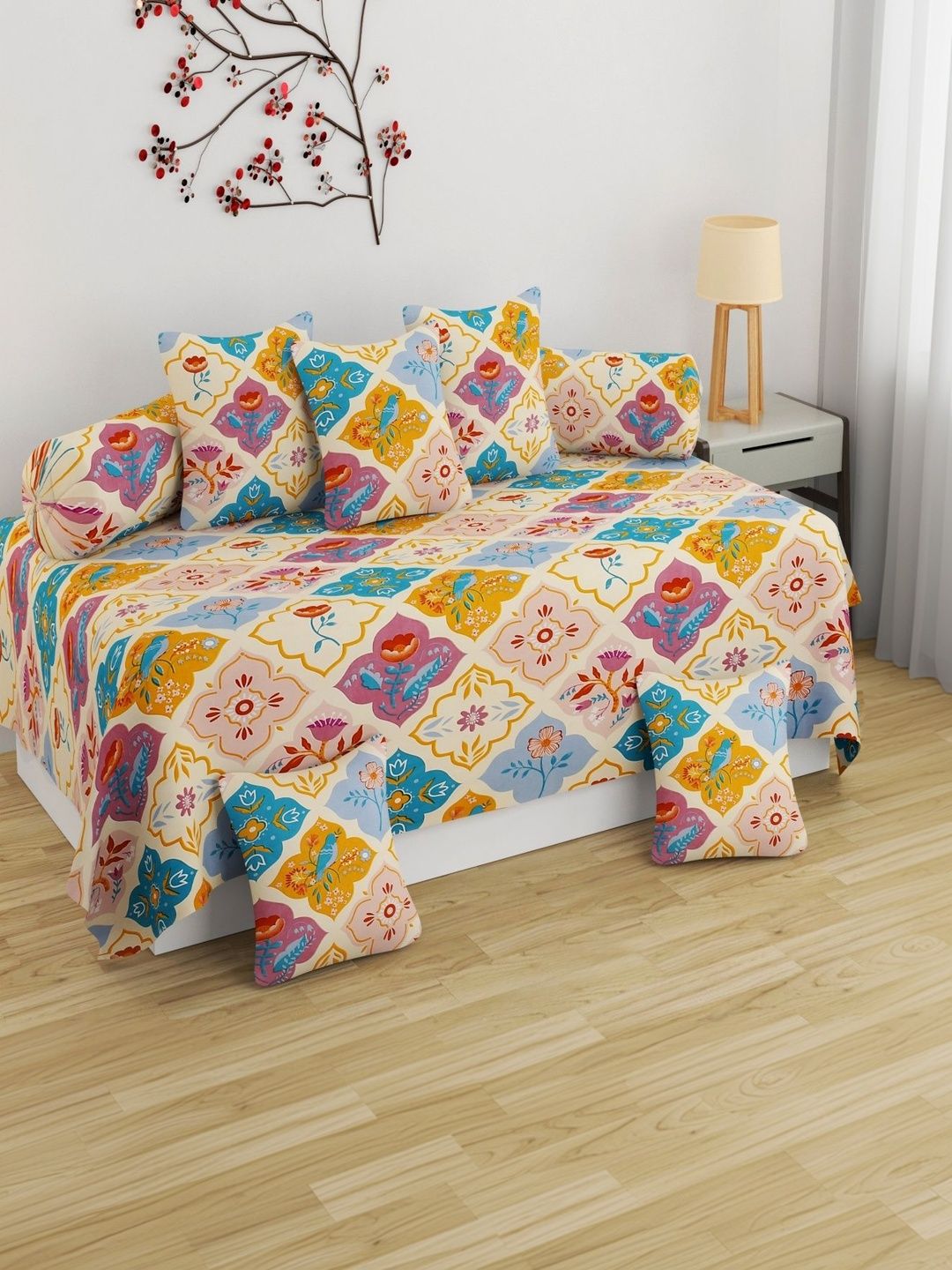Homefab India Peach & Blue 8-Pieces Printed Diwan Set-image-2