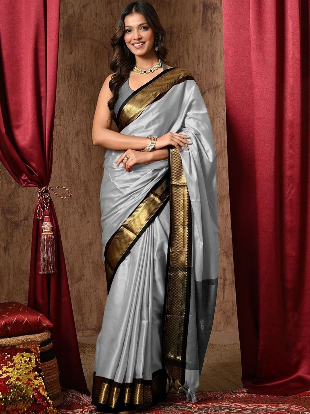 Anouk Rustic Ethnic Motifs Woven Design Zari Pure Cotton Kanjeevaram Saree-picture-25