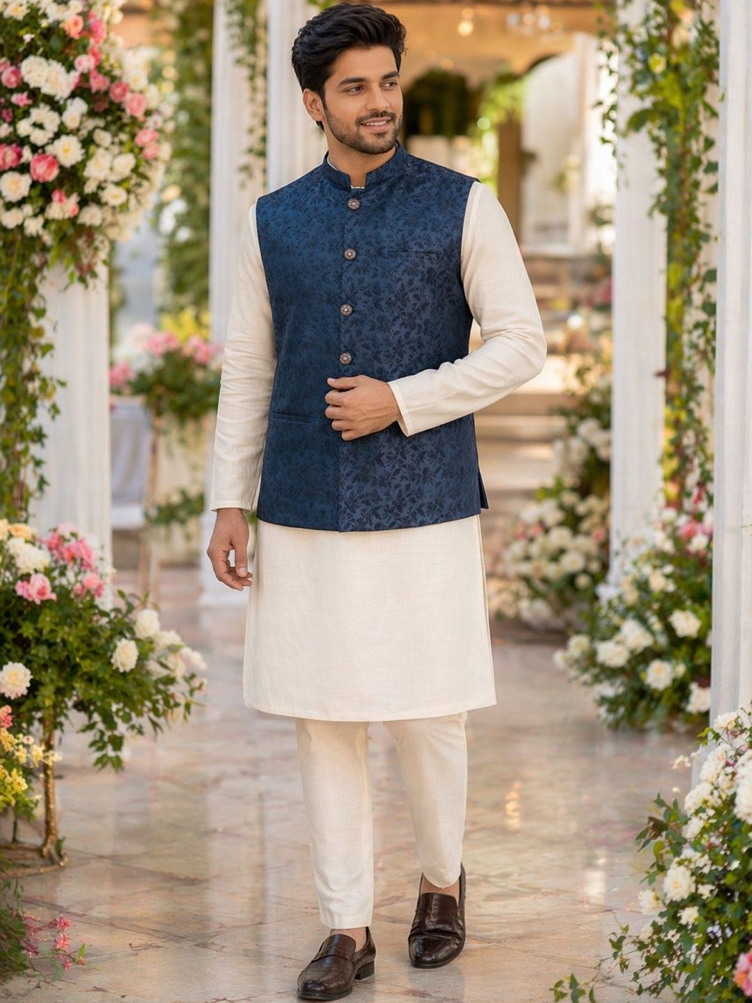 House of Pataudi Textured Woven Design Floral Nehru Jacket-picture-40