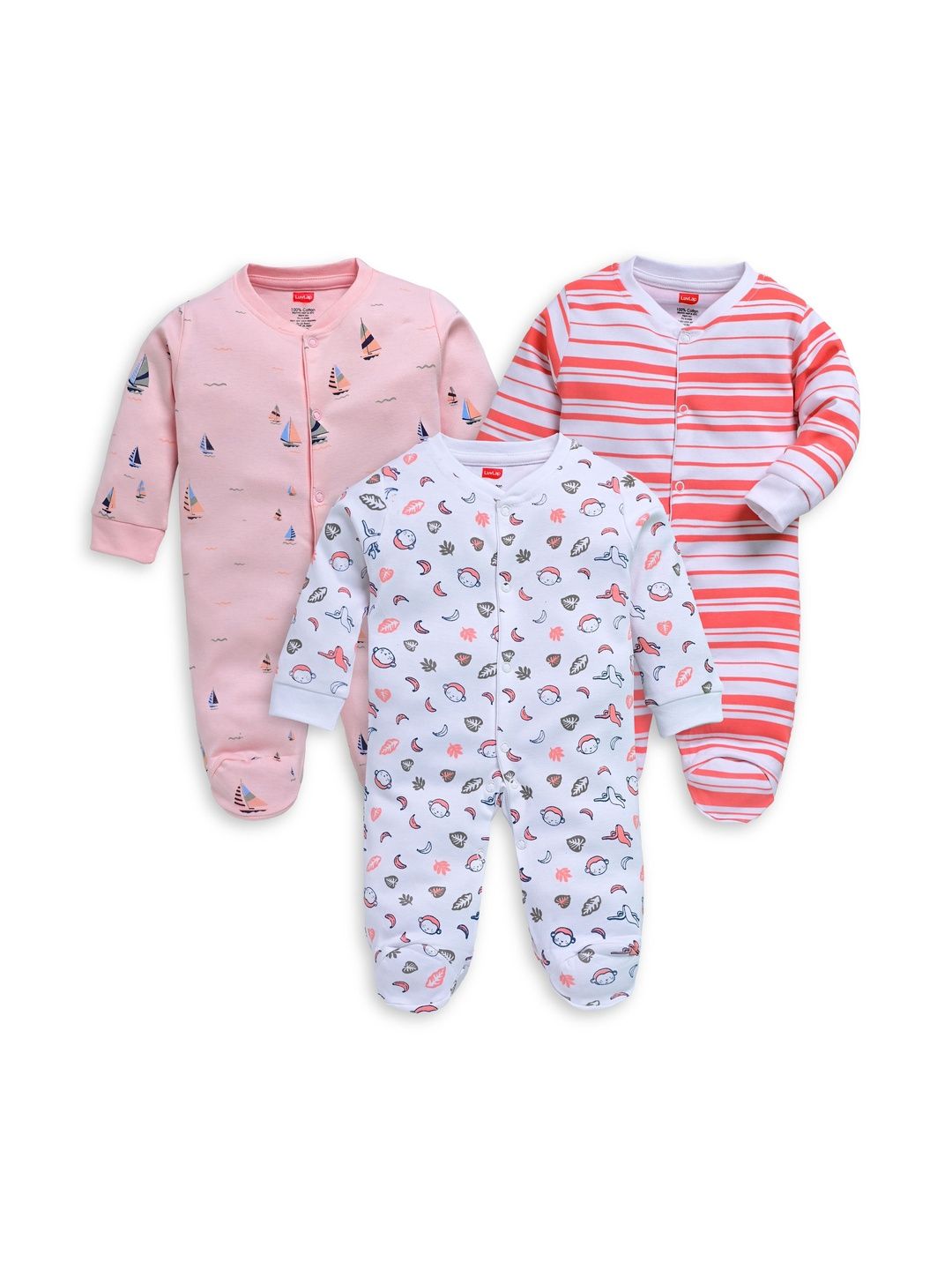 LuvLap Infant Pack Of 3 Pure Cotton Printed Rompers-picture-46