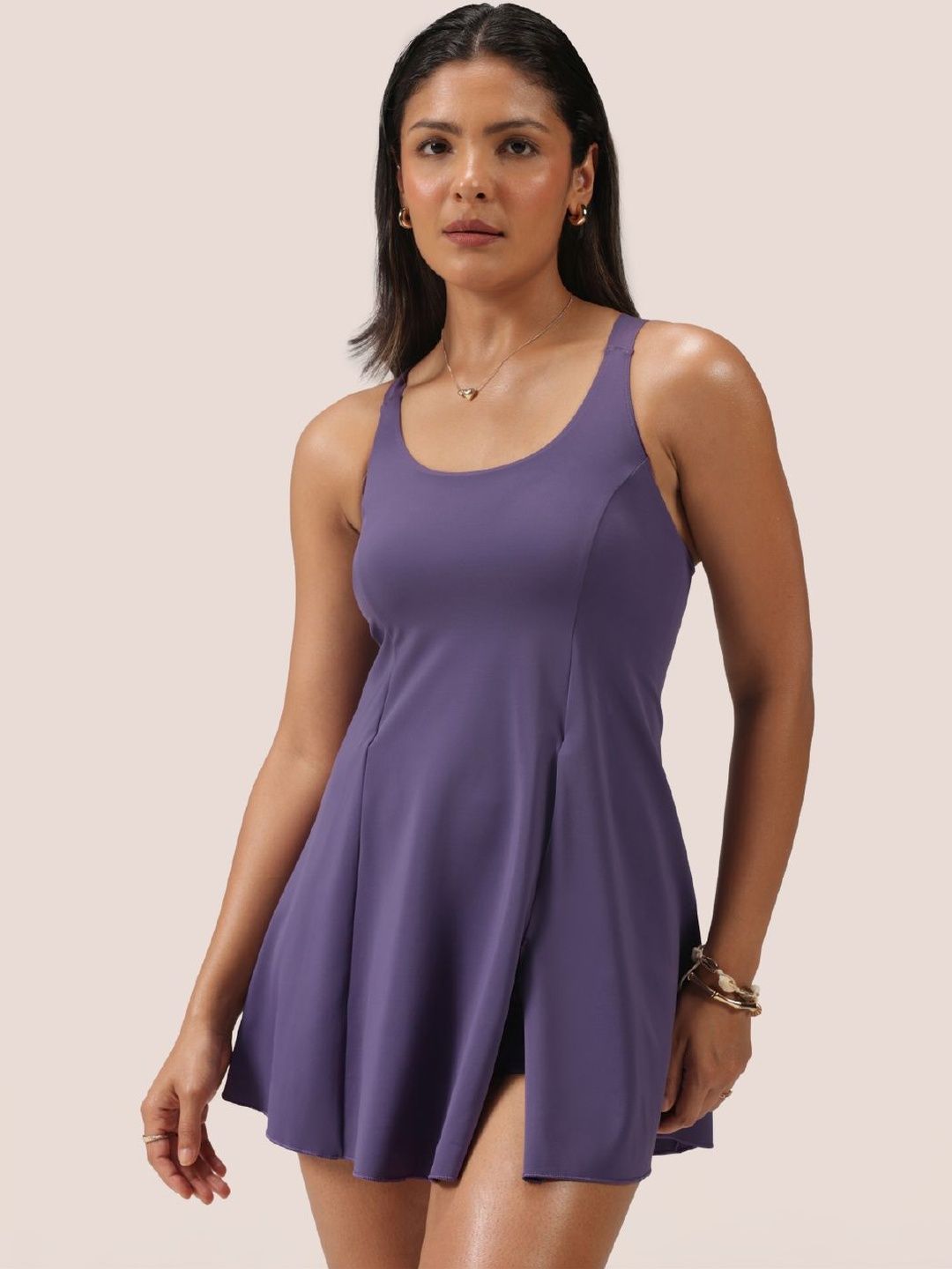 Blissclub Women Racer Back Swim Dress With Attached Shorts-image-2