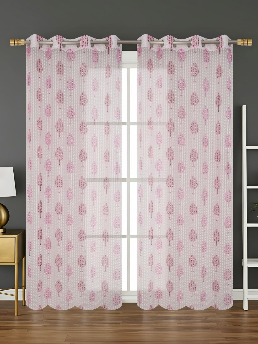 YUKANY Pink & Multicoloured Set of 2 Floral Sheer Window Curtain-image-22